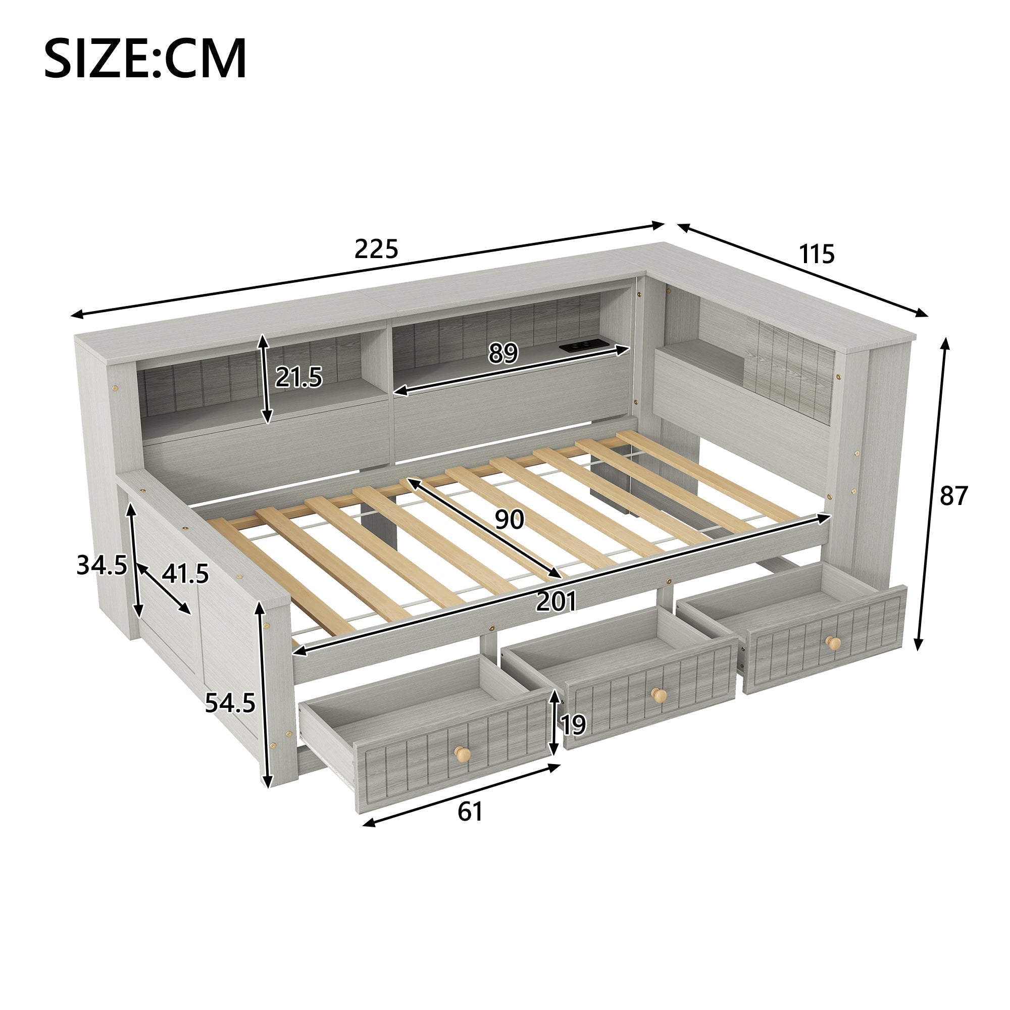 Wooden Daybed with Storage Compartments and 3 Drawers, 90 x 200 cm, Grey