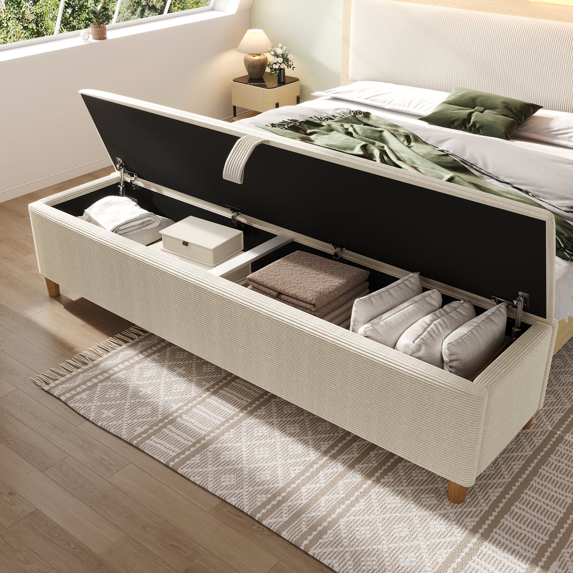 Bed Bench 175x38cm Upholstered Hydraulic Storage, Beige Corduroy Look