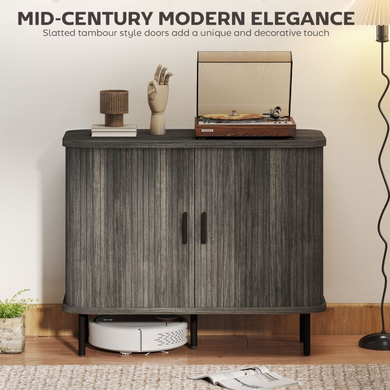 Mid-Century Modern Sideboard Storage Cabinet Slatted Tambour Sliding Doors Steel Legs Grey