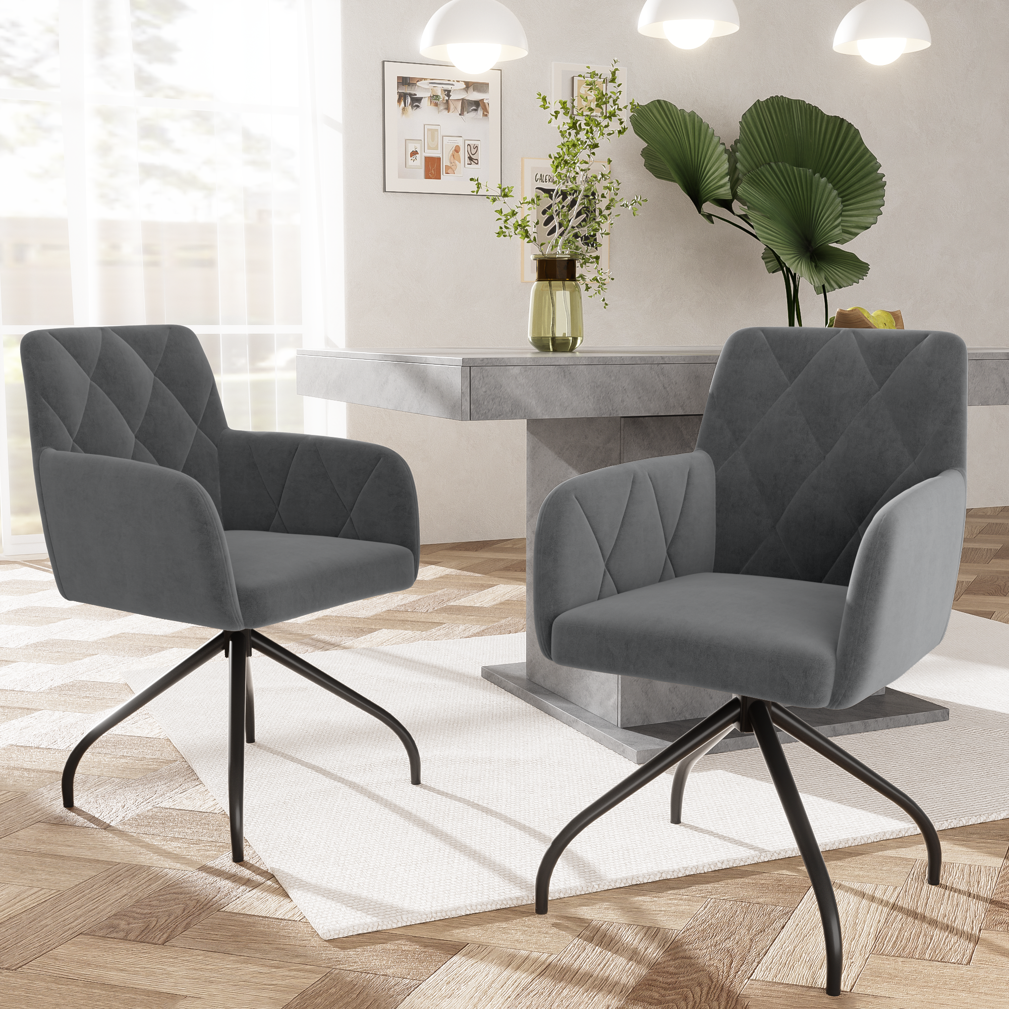 Set of 2 Swivel Dining Chairs Upholstered Diamond Pattern Lumbar Support Anthracite Velvet