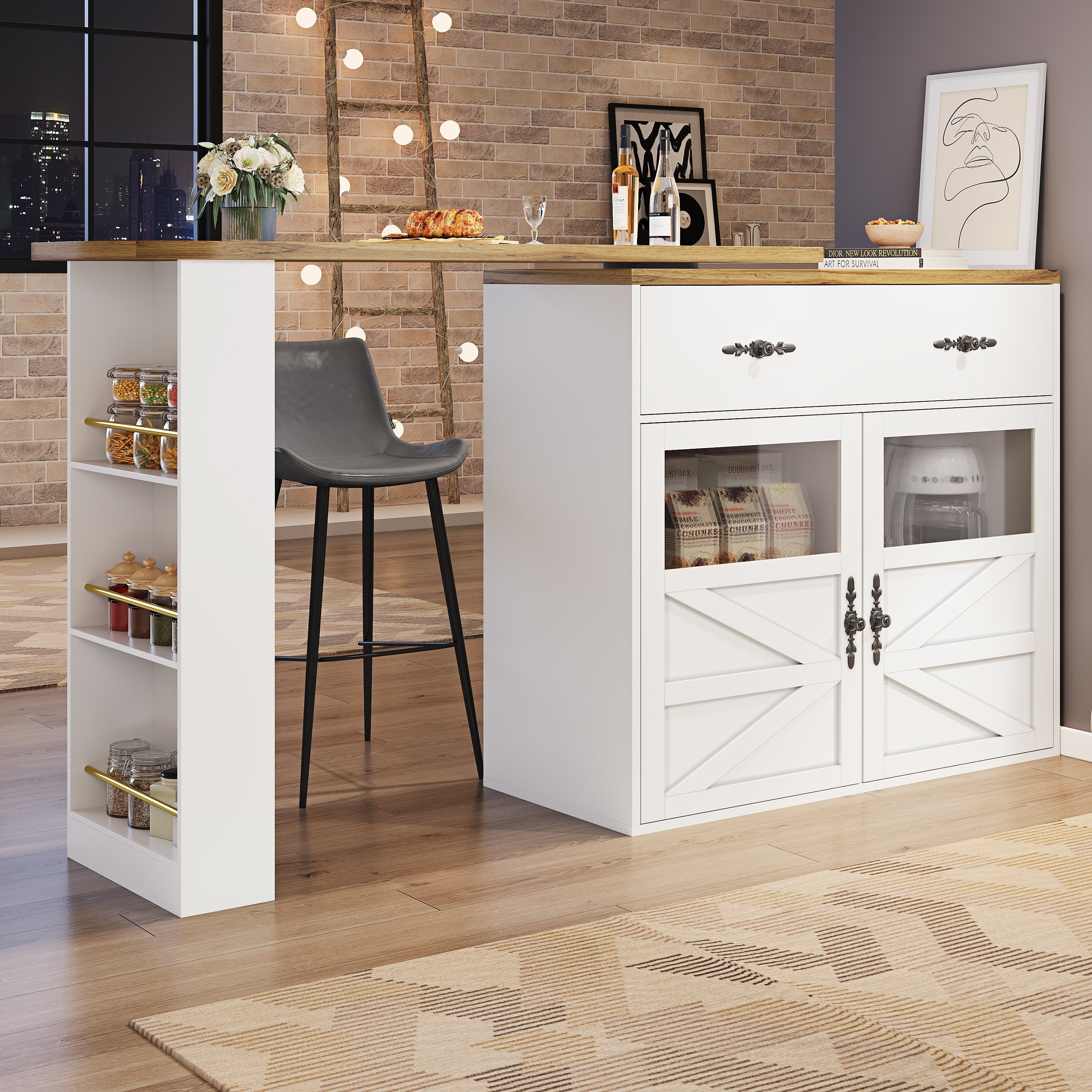 Extendable Bar Table 360° Rotating Storage Shelves - White