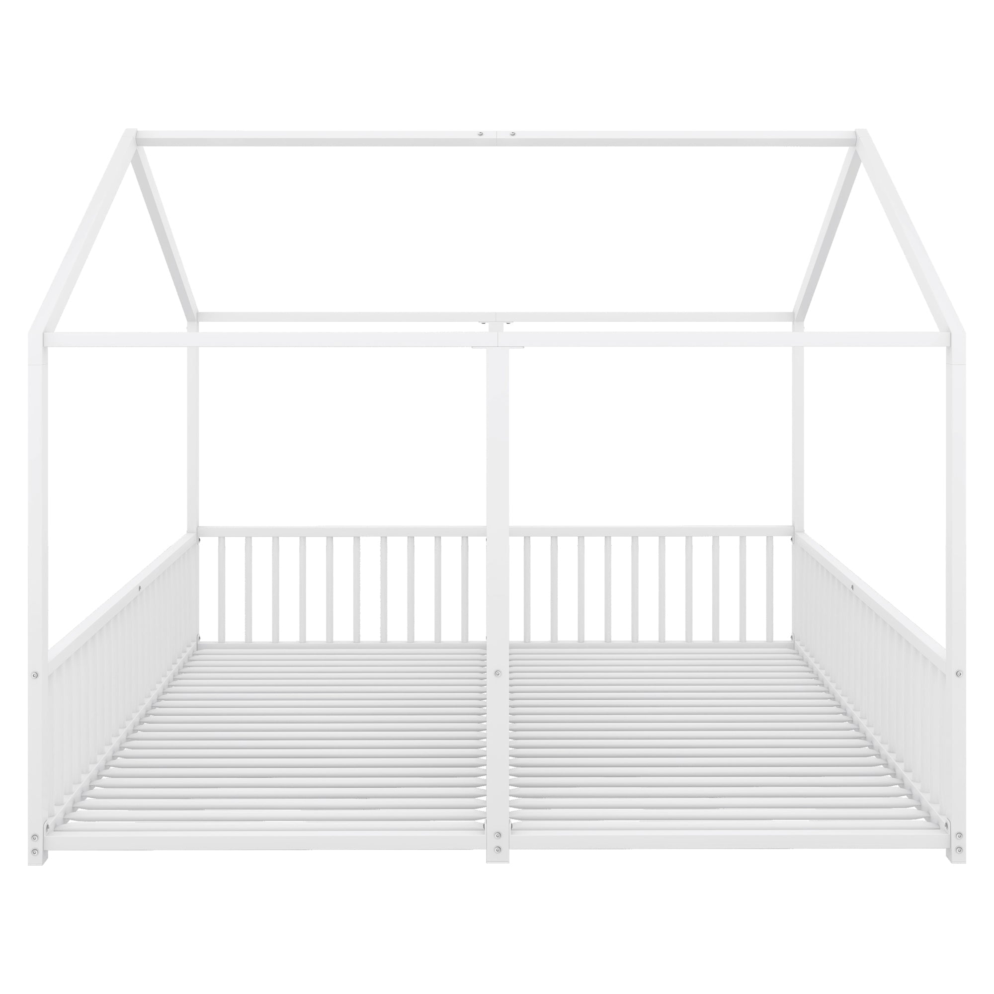 Metal Children's Bed 90x200cm House Design Railing Ladder - White