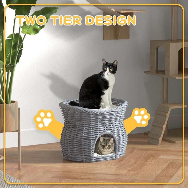 2-Tier Cat House Elevated Pet Bed, Willow Wicker with Washable Cushions, Grey