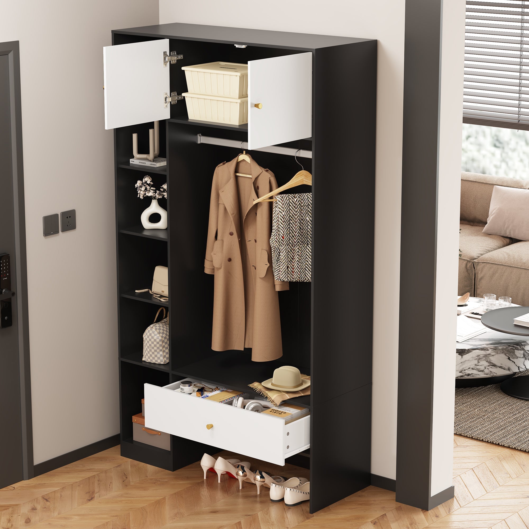 Compact Wardrobe Set 2 Doors 6 Compartments Clothes Rail Drawer Black and White
