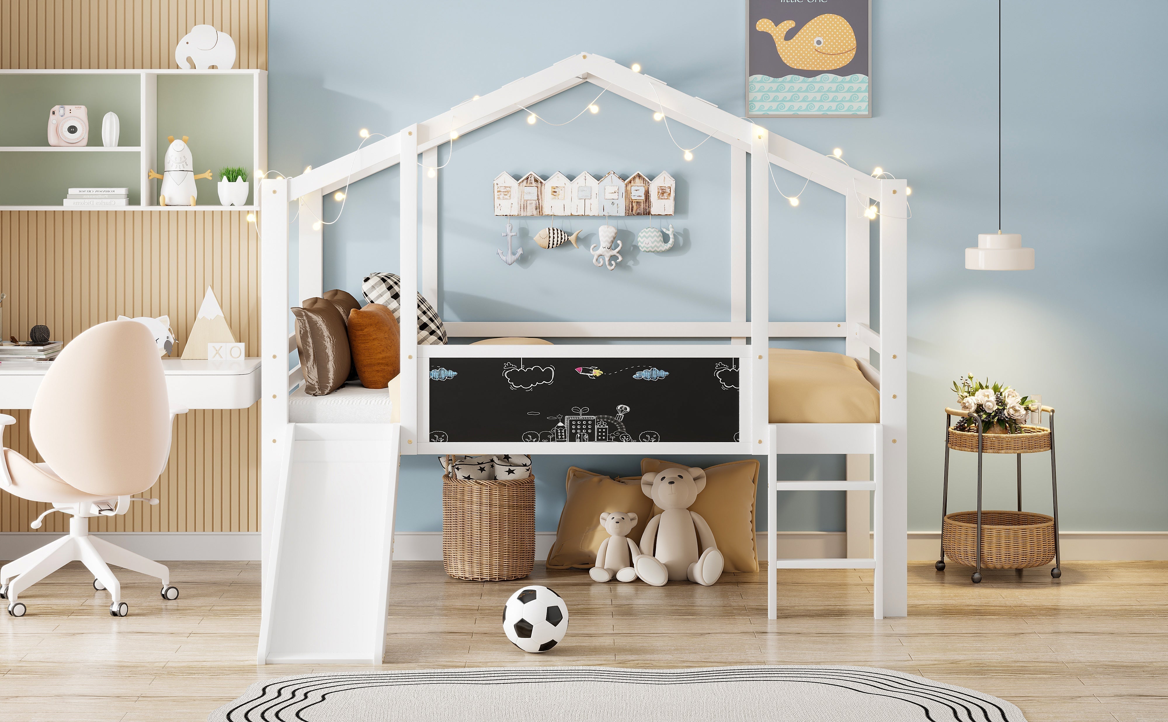 Children's Bed Attic Design, Ladder, Slide, Graffiti Board, Multifunctional Solid Wood, White