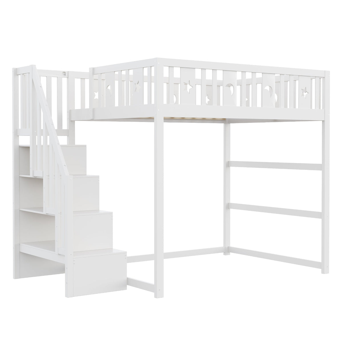 Children's Bunk Bed 140x200 Stairs Safety Railing, Solid Wood White