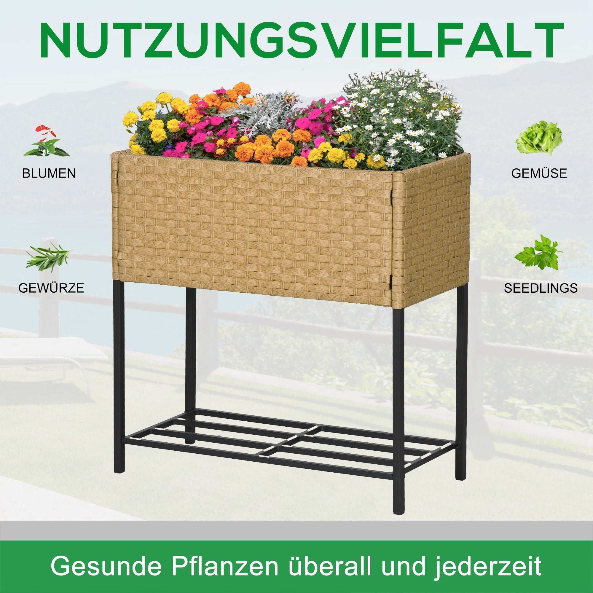 Hochbeet Blumenkasten, mit Füßen & Ablage, 70x30x72 cm, Polyrattan, Sandfarben