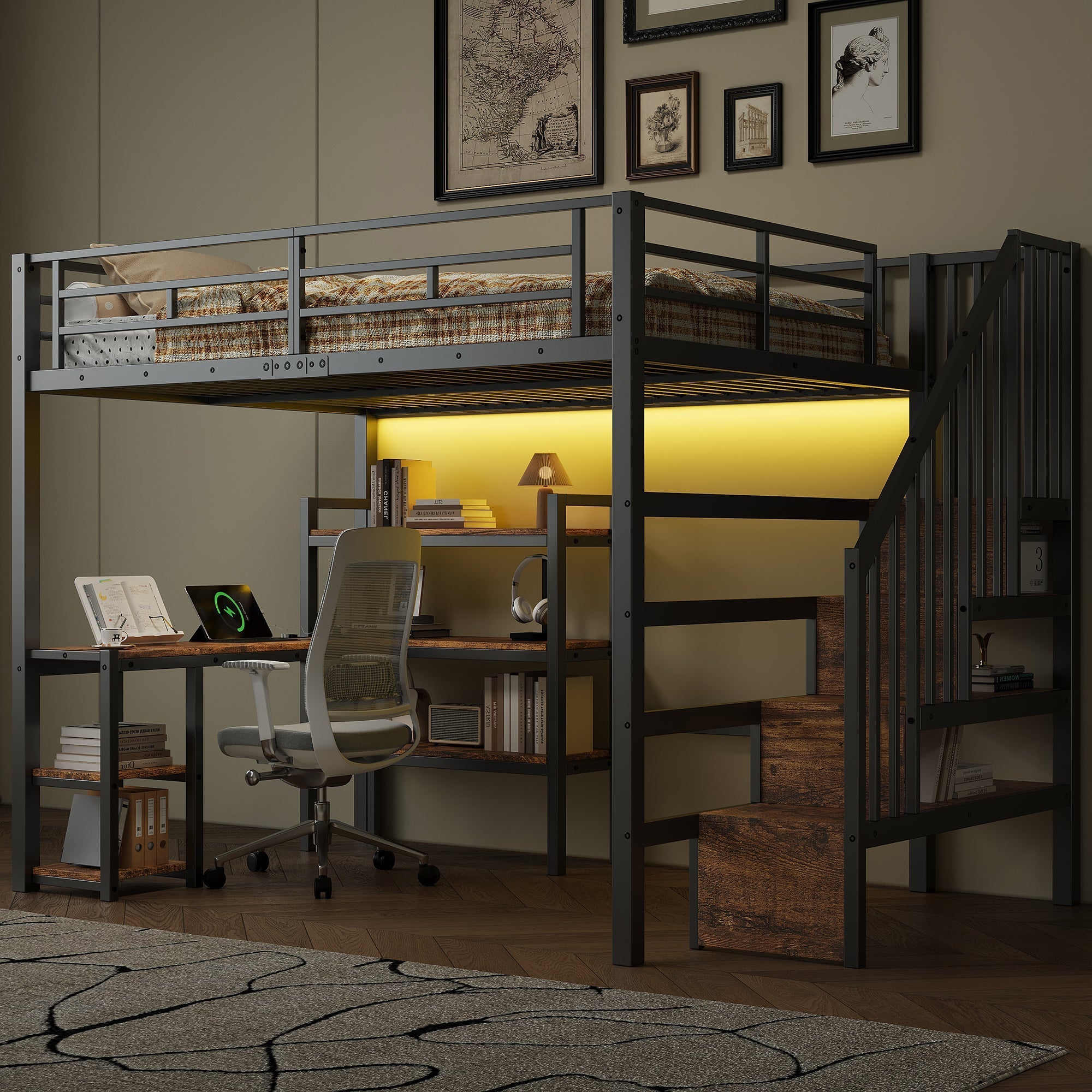 Metal Loft Bed with Desk, Stairs, Storage and LED, 140x200cm, Black