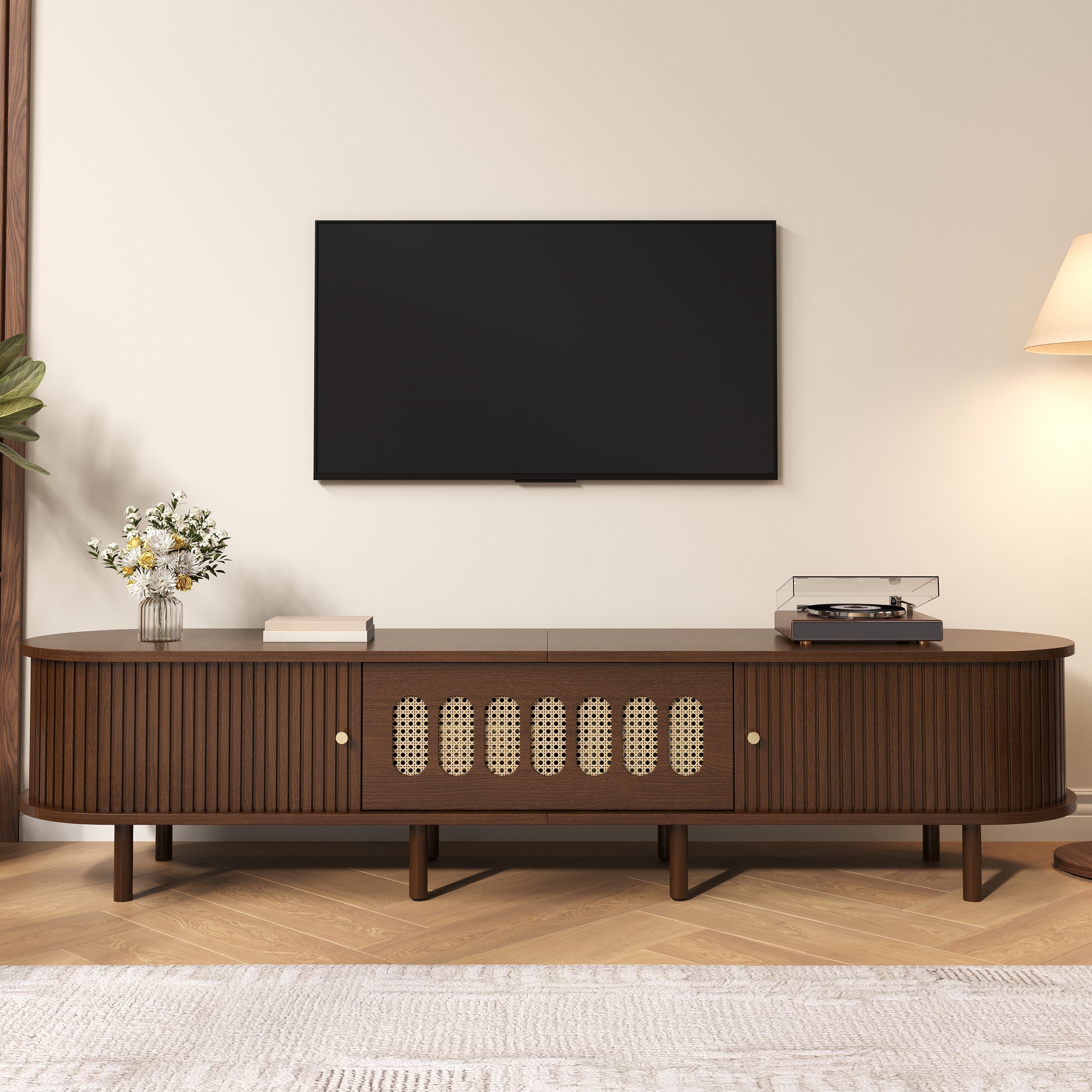 Oval TV Stand with Roll-Up Doors and Rattan Design, Dark Walnut MDF