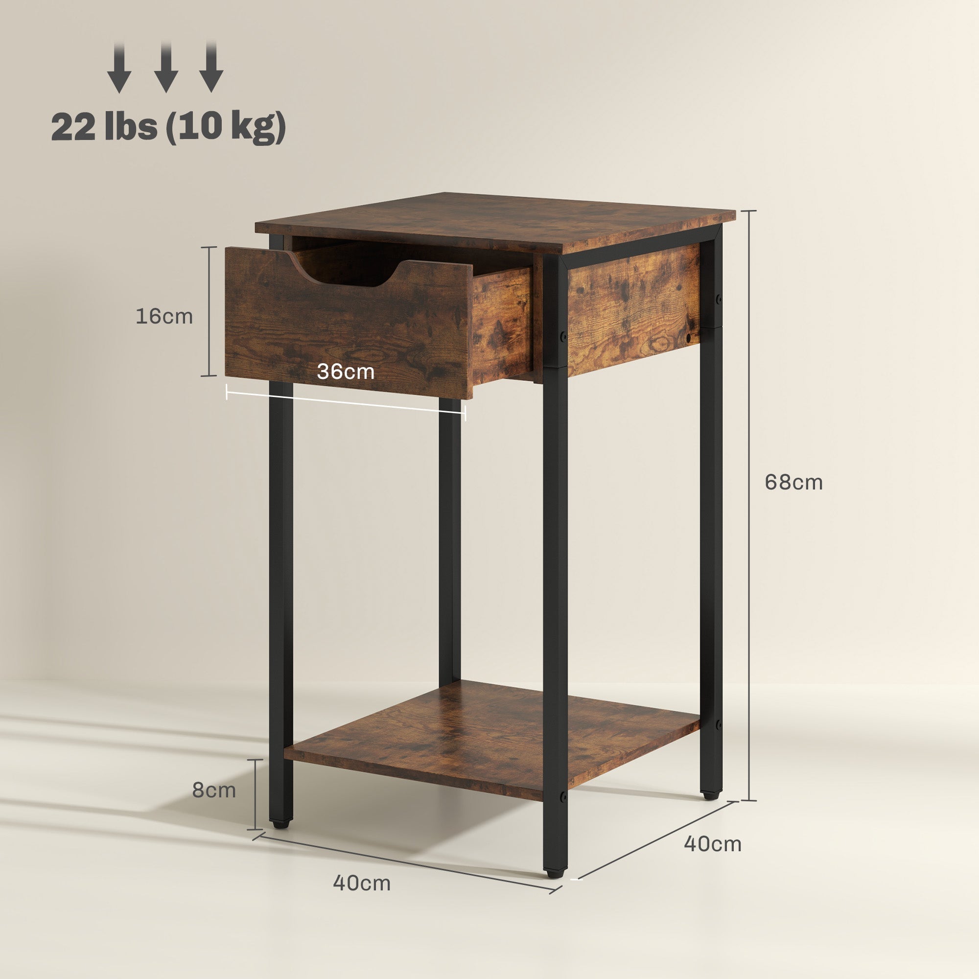 Beistelltisch, Couchtisch im Industrial Design mit Stahlrahmen, Rustikales Braun