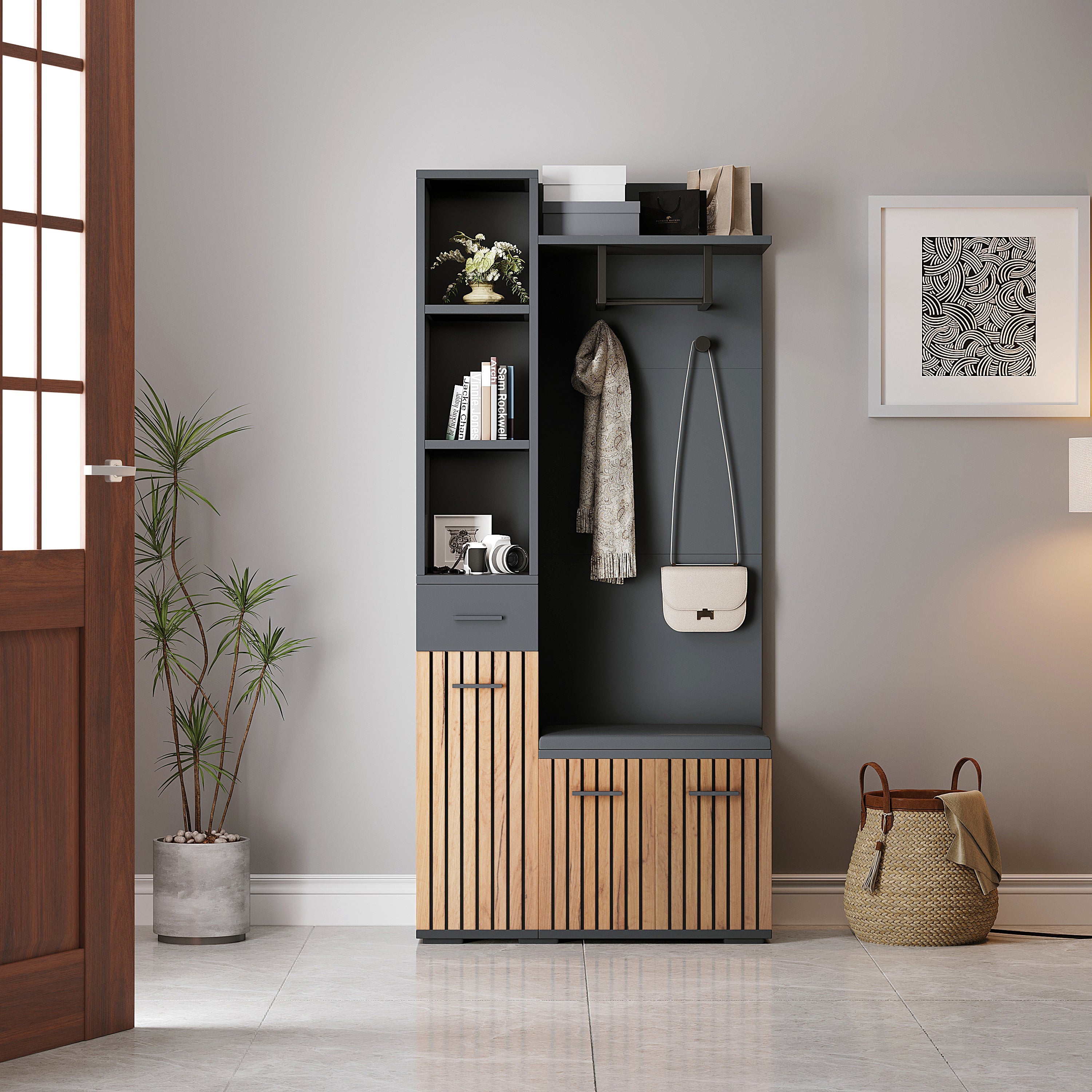 Compact Wardrobe 80*35*175cm 2 Cabinets Coat Rack Shoe Bench Upholstered, Black + Wood Color