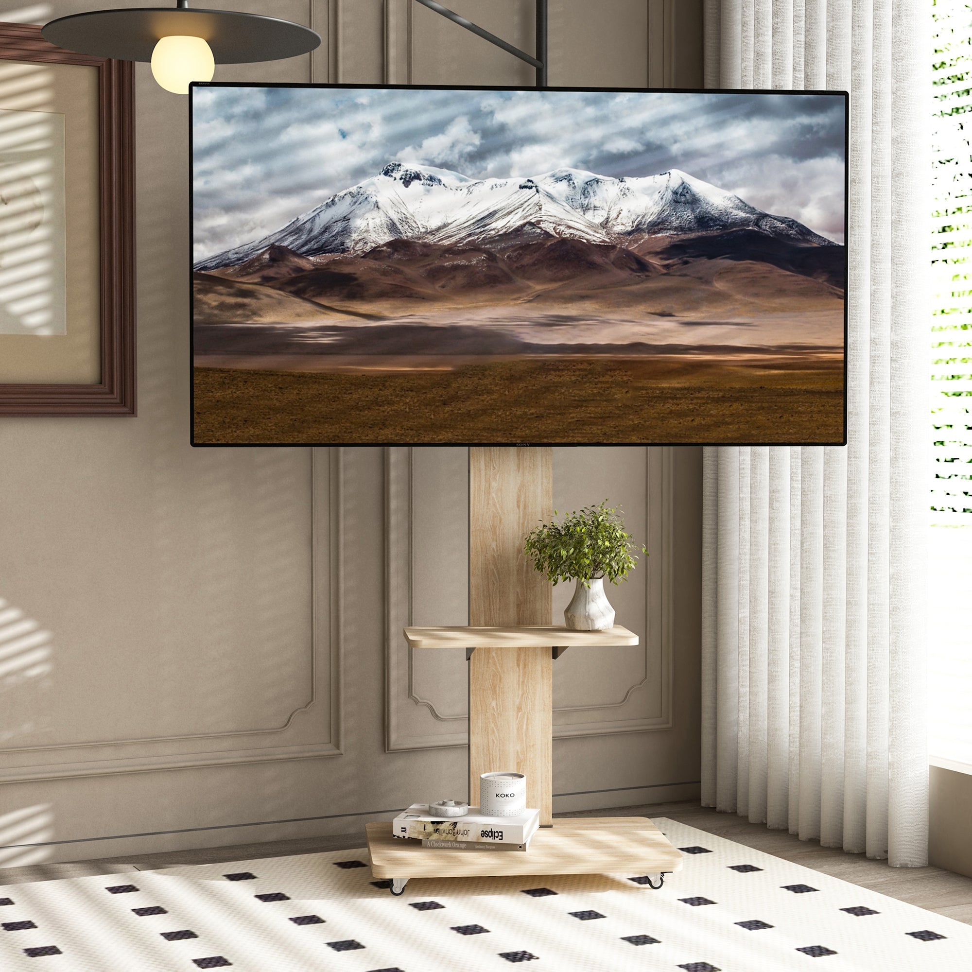 Mobile TV Stand Height-Adjustable Storage 32-75 Inch Lockable Wheels - Natural