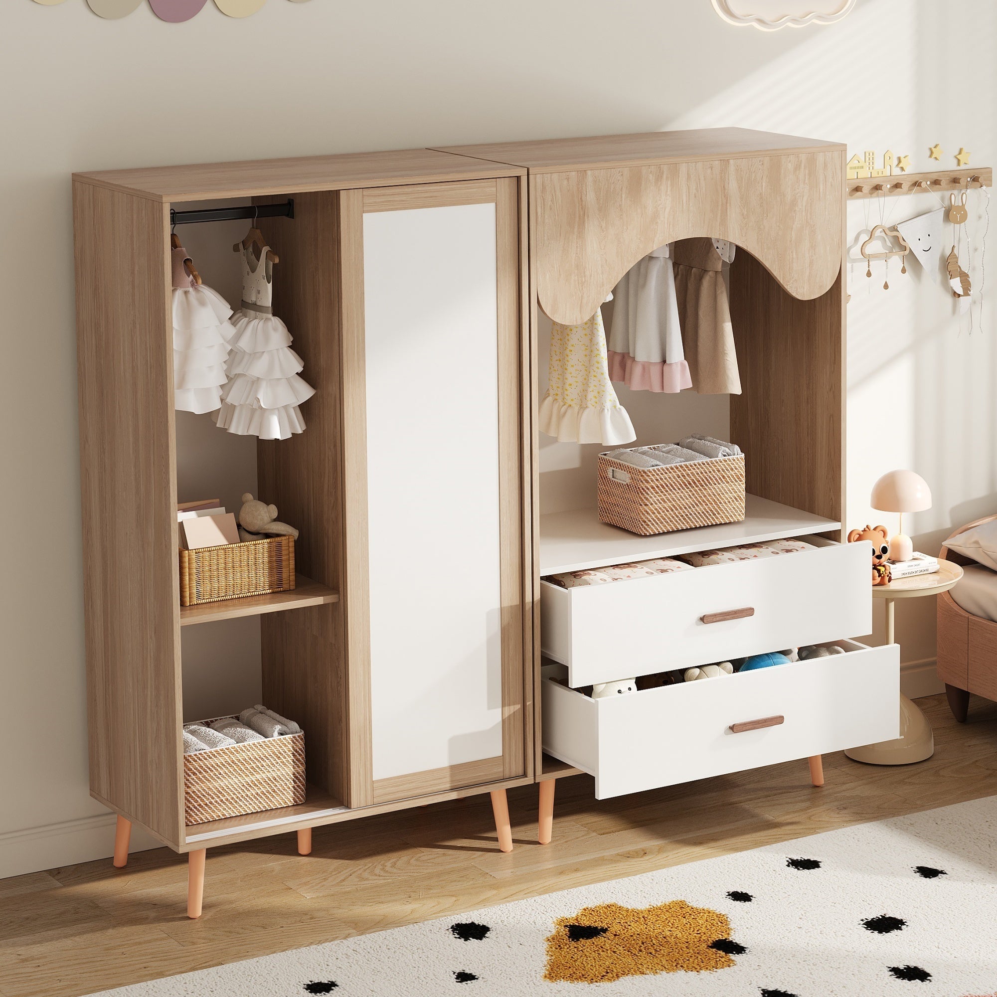 Children's Wardrobe, Sliding Door + Open Combination, 141.5cm, White + Natural Wood