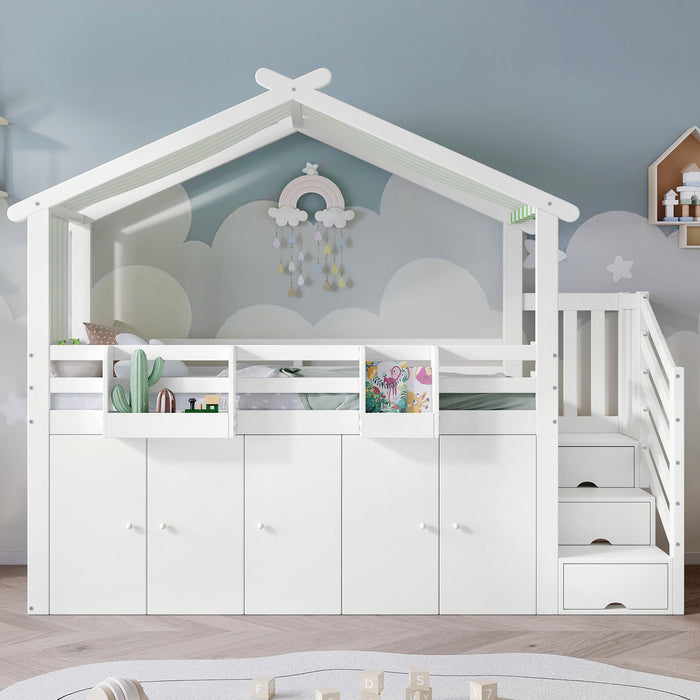 Bunk Bed, Safety Gate, Wardrobe, Lockers, Stairs, 90x200cm, White & Green Pine+MDF+Plywood
