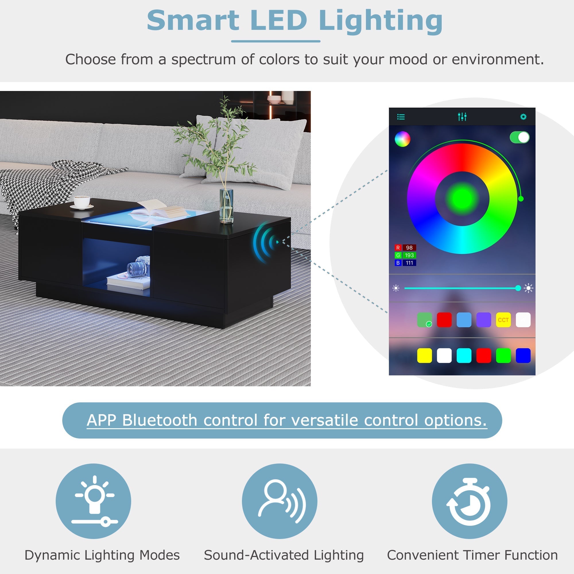 Black Coffee Table with Glass Panel, LED Lighting, App Control, 2 Drawers, 100x50x35.5 cm