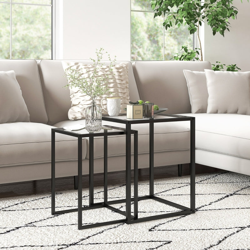Nesting Tables Set of 2, Side End Table with Tempered Glass Top and Steel Frame, Black