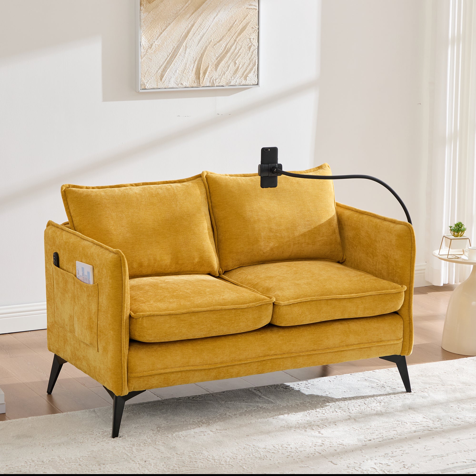 Modern Double Sofa with Storage Side Pocket and Adjustable Phone Holder, Fabric