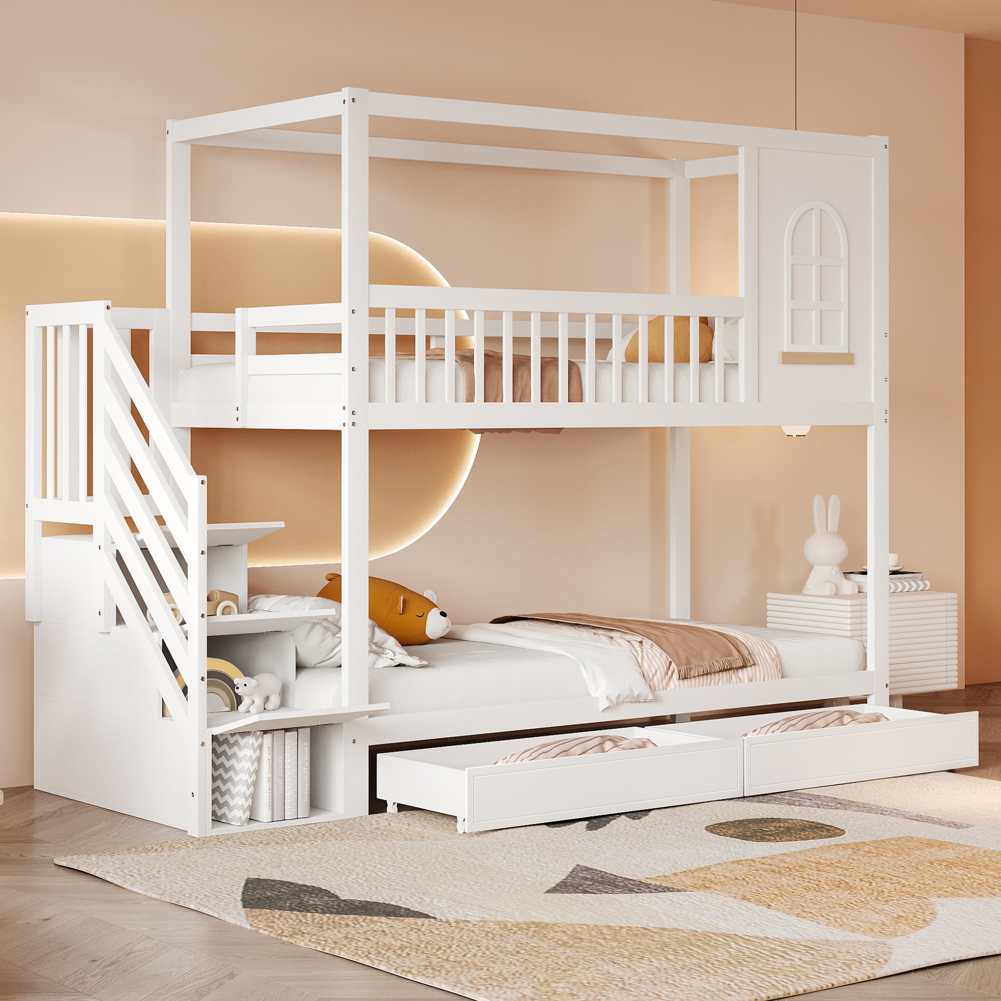 Bunk Bed 90x200cm House Design Drawers Ladder Solid Wood - White