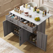Dining Cart Kitchen Island Folding Table 5 Wheels Storage 2 Drawers - White/Khaki Grey