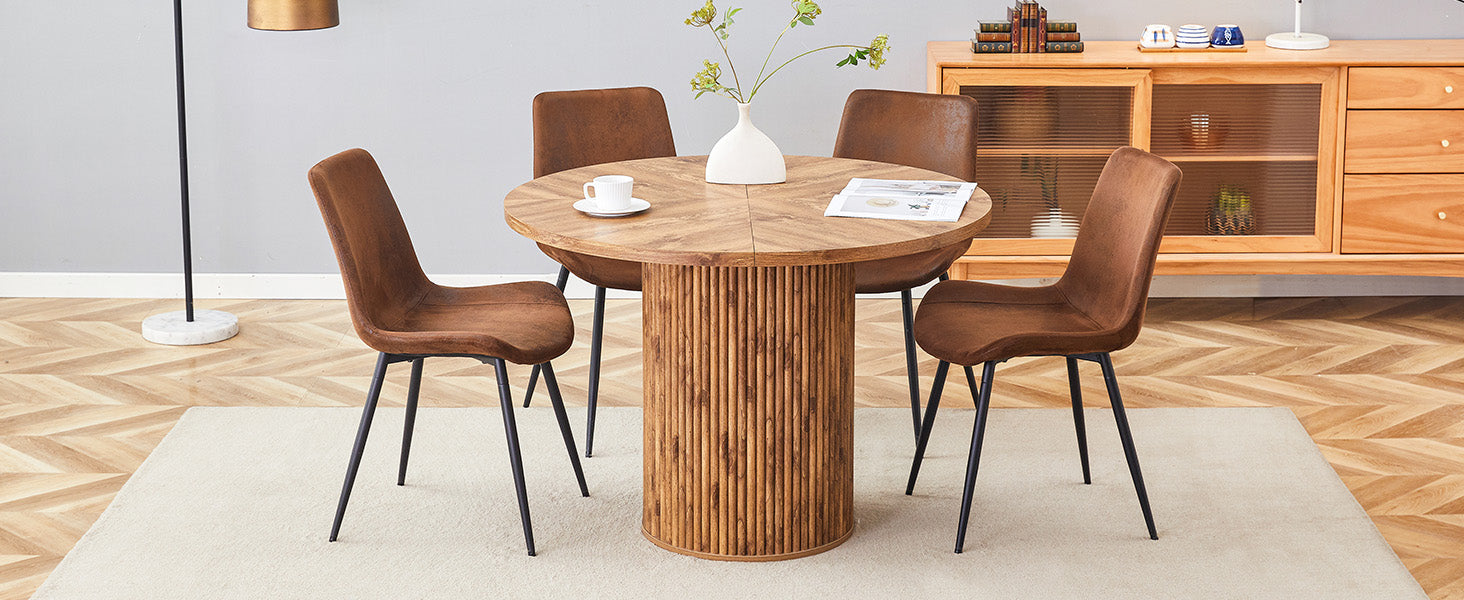 Minimalist Round Dining Set 100cm Table 4 Chairs MDF Wood Look/Brown Fabric