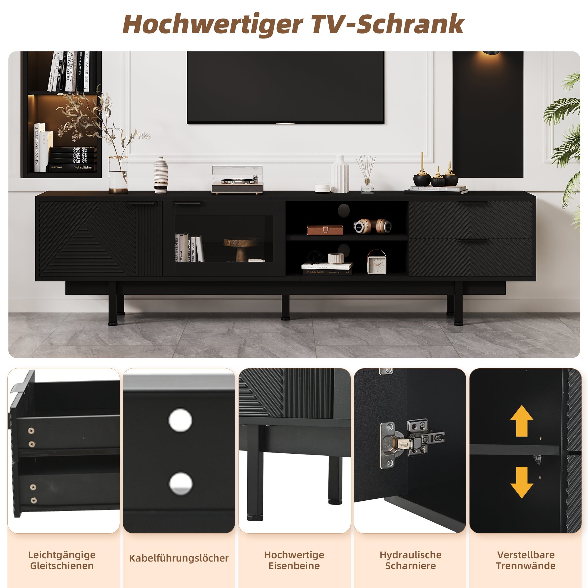 TV Cabinet, 2-Door 2-Drawer Lowboard TV Stand for 80-Inch TVs, Black