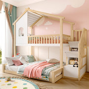 Bunk Bed with Storage Ladder and House Railing, 90x200cm and 140x200cm, Natural and White