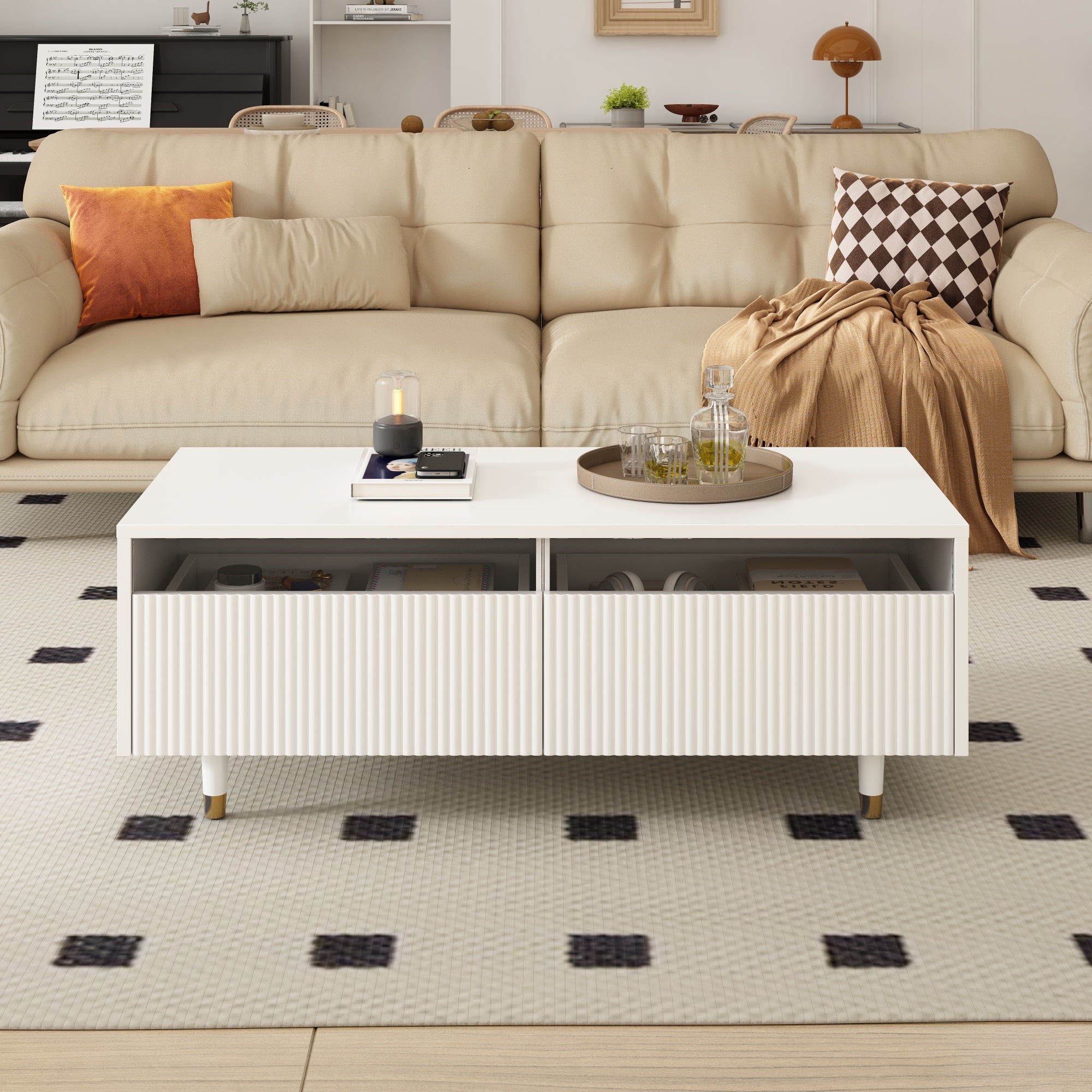 Modern LED coffee table wavy drawer top, two drawers, color-changing light strip, gold and white
