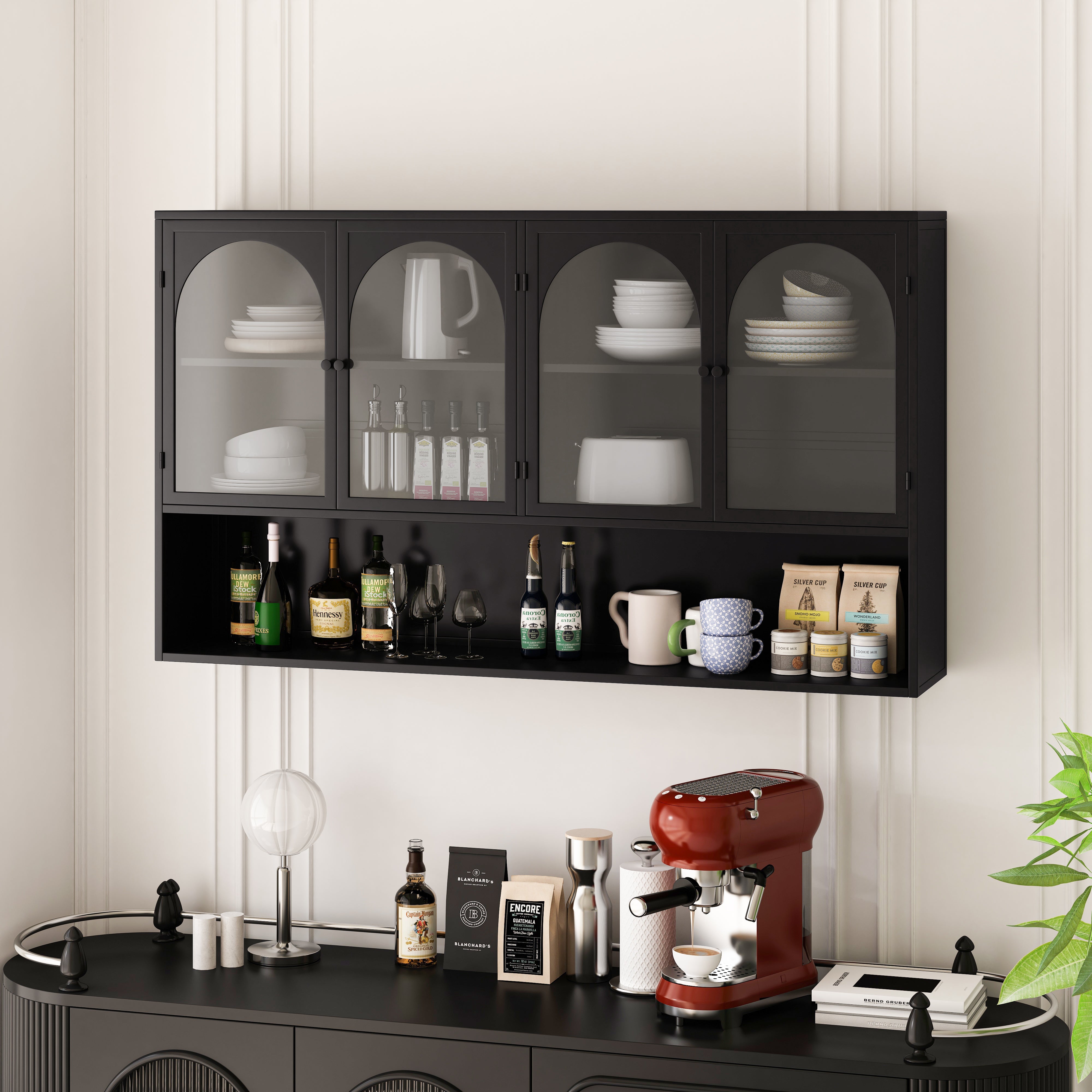 Four-door Glass Wall Cabinet, Wall-mounted 120CM, Black