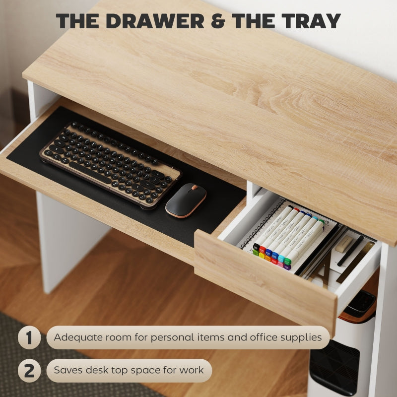 100cm Compact Computer Desk, Keyboard Tray and Drawer for Home Office, Oak