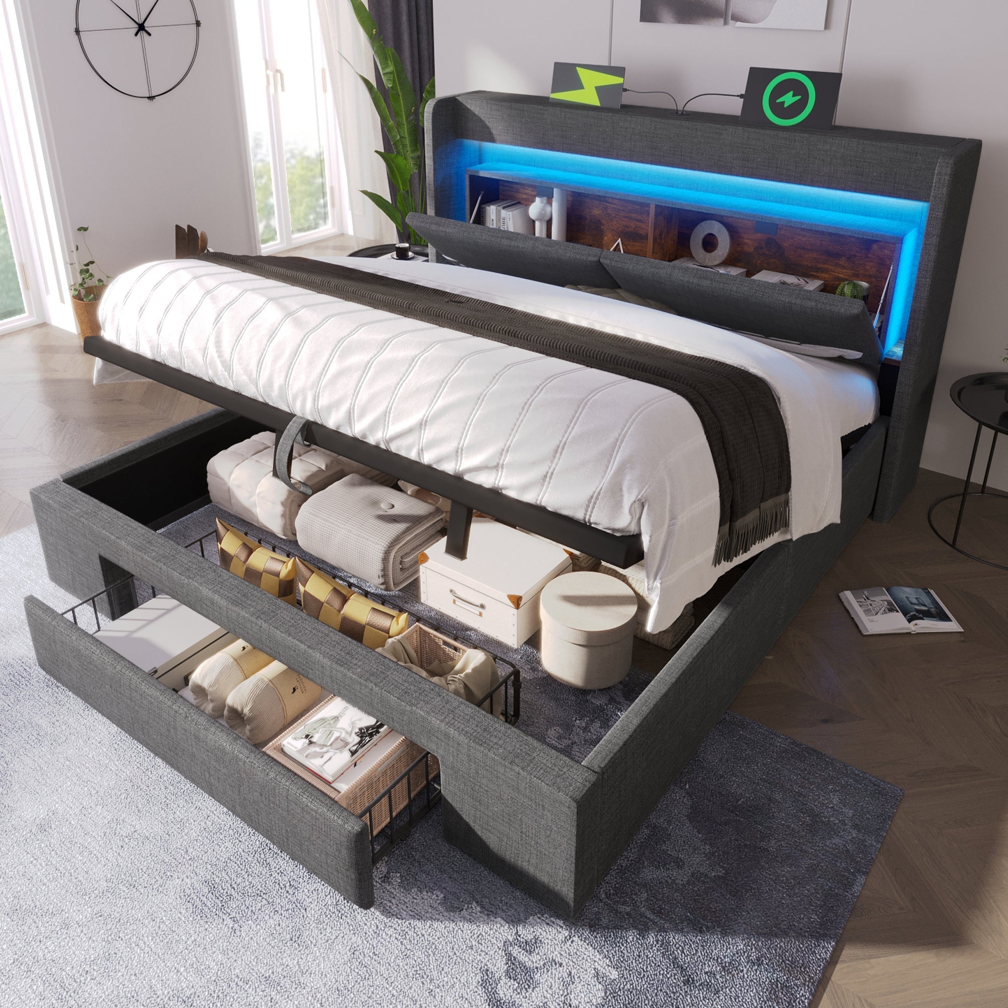 Upholstered Bed 180x200cm Hydraulic Storage LED USB/USB-C Headboard - Grey Linen