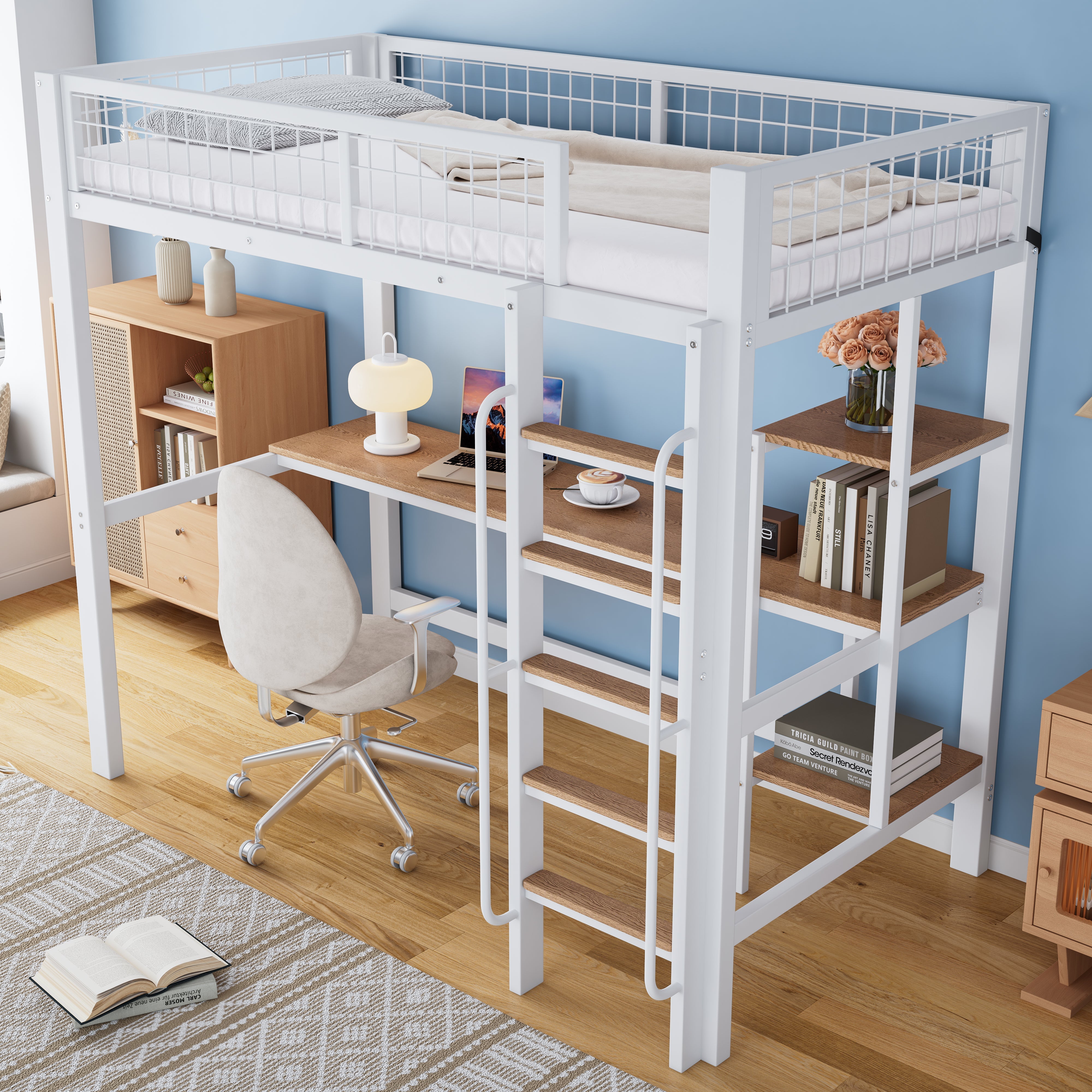 Iron Frame Bunk Bed with Table, Shelves, Ladder, Rail, 90x200cm, White + Natural Iron + MDF