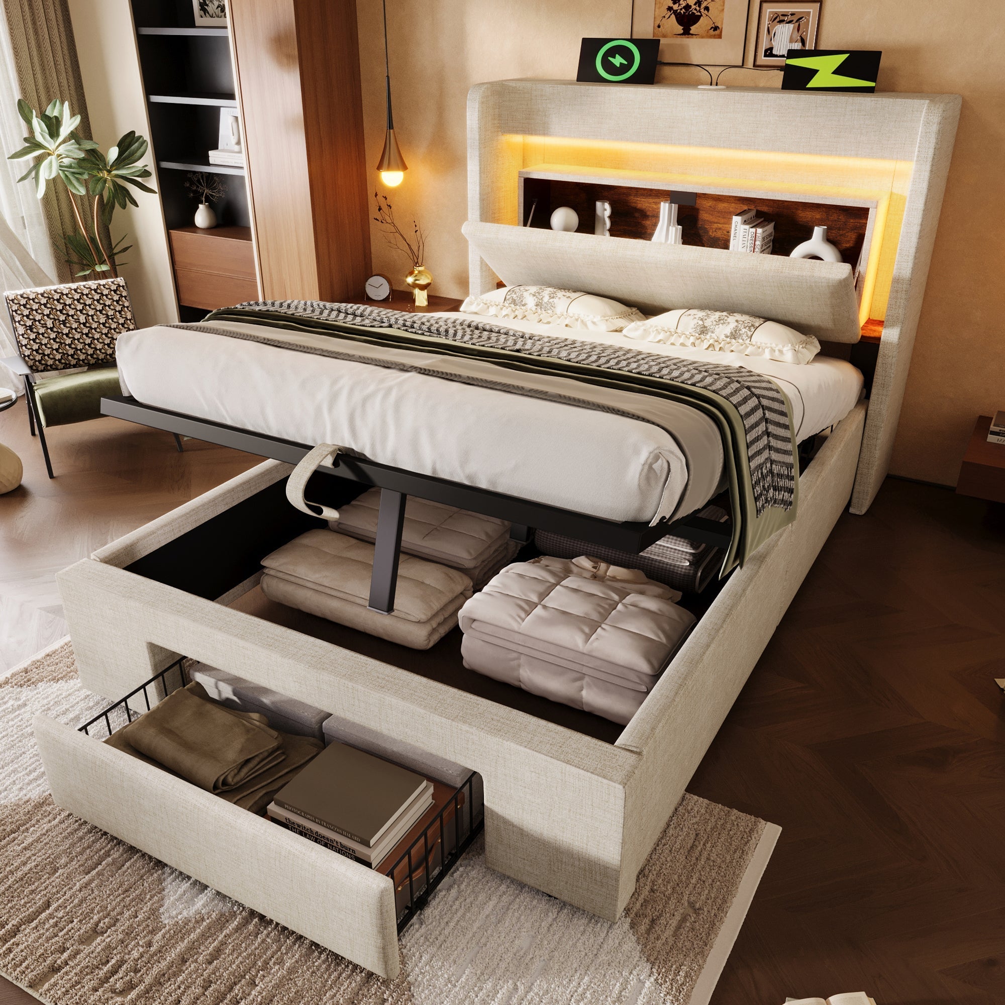 Upholstered Bed with Hydraulic Storage and LED Headboard, 90x200 cm with Mattress, Beige Linen