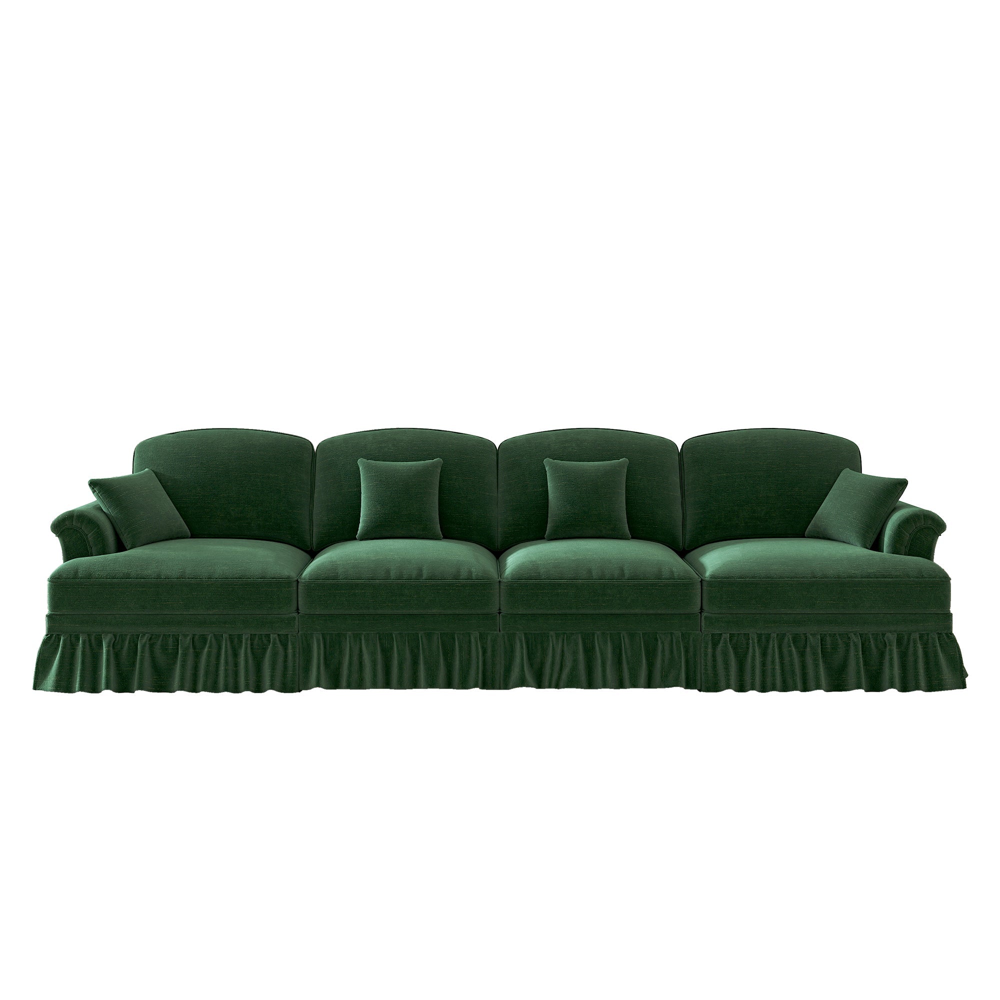 Sofa 4-Seater Mid-Century Chenille Ruffled Apron Spindle Legs - Green