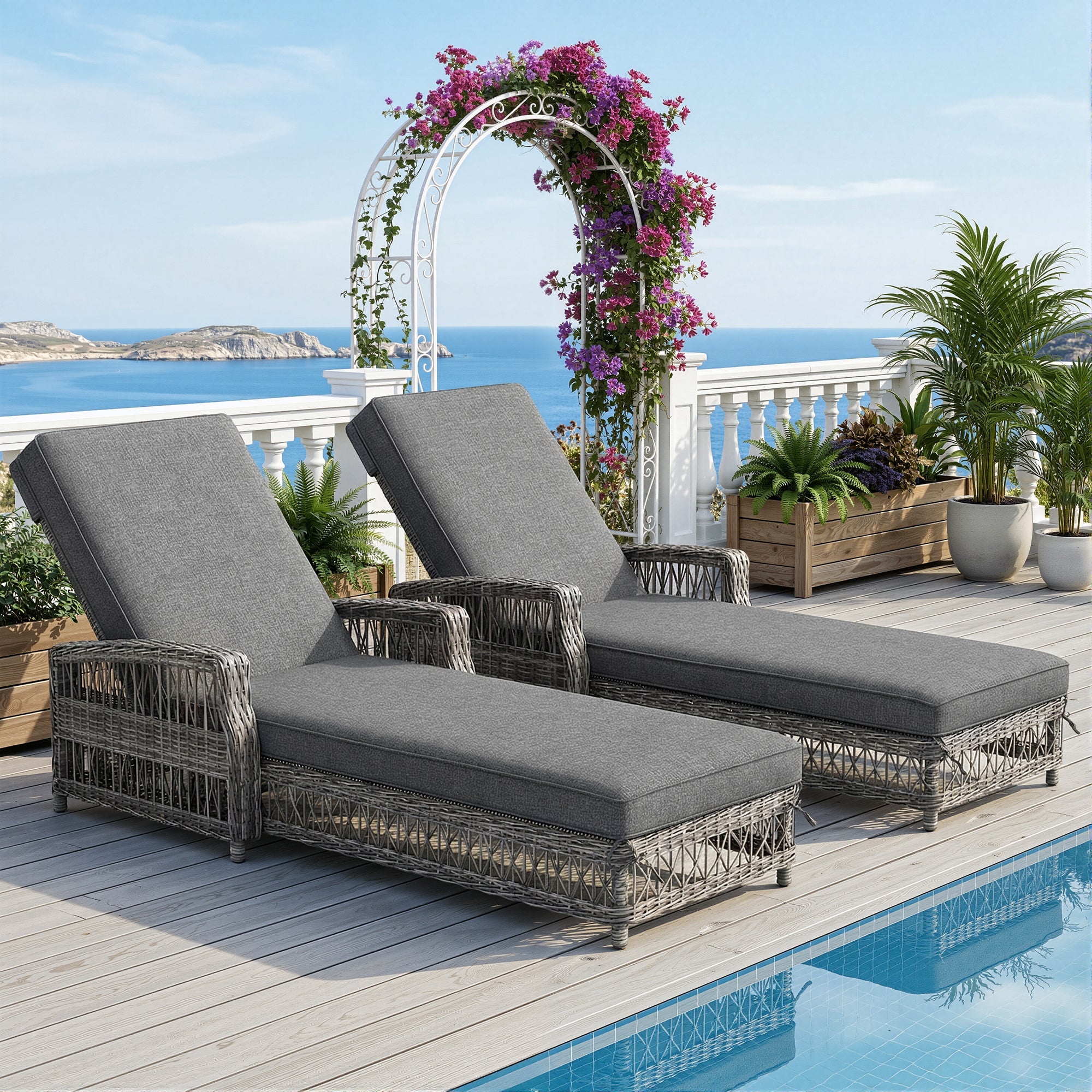 Outdoor Rattan Lounger Set of 2 with Adjustable Backrest and Removable Cushion, Grey