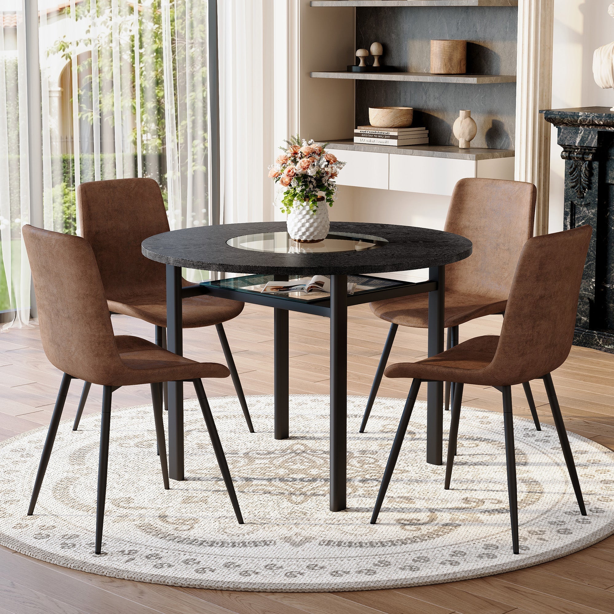 Modern Minimalist Round Table Set 100cm with 4 Tech Fabric Armchairs Black Wood Look & Brown