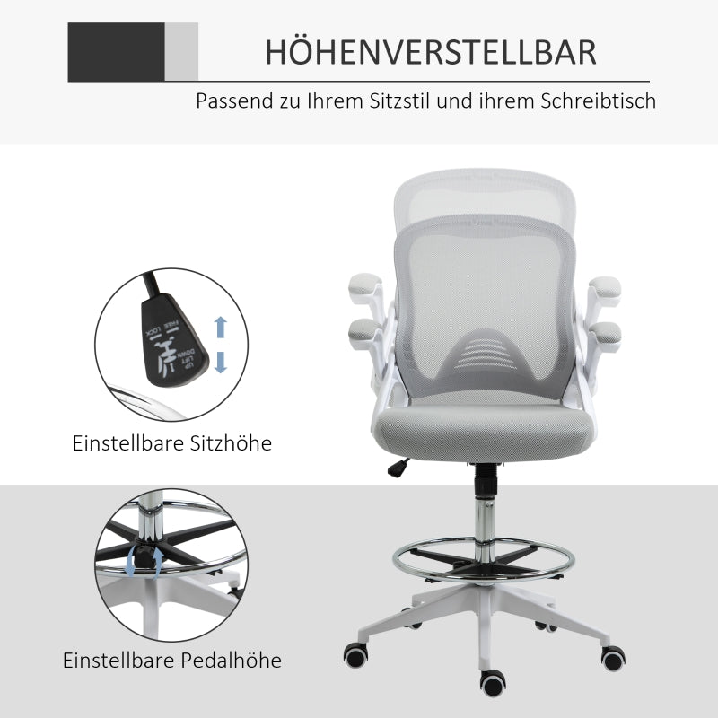 Vinsetto Office Chair, Ergonomic Desk with Folding Armrests, Adjustable Footrest, Swivel, Mesh Light Grey