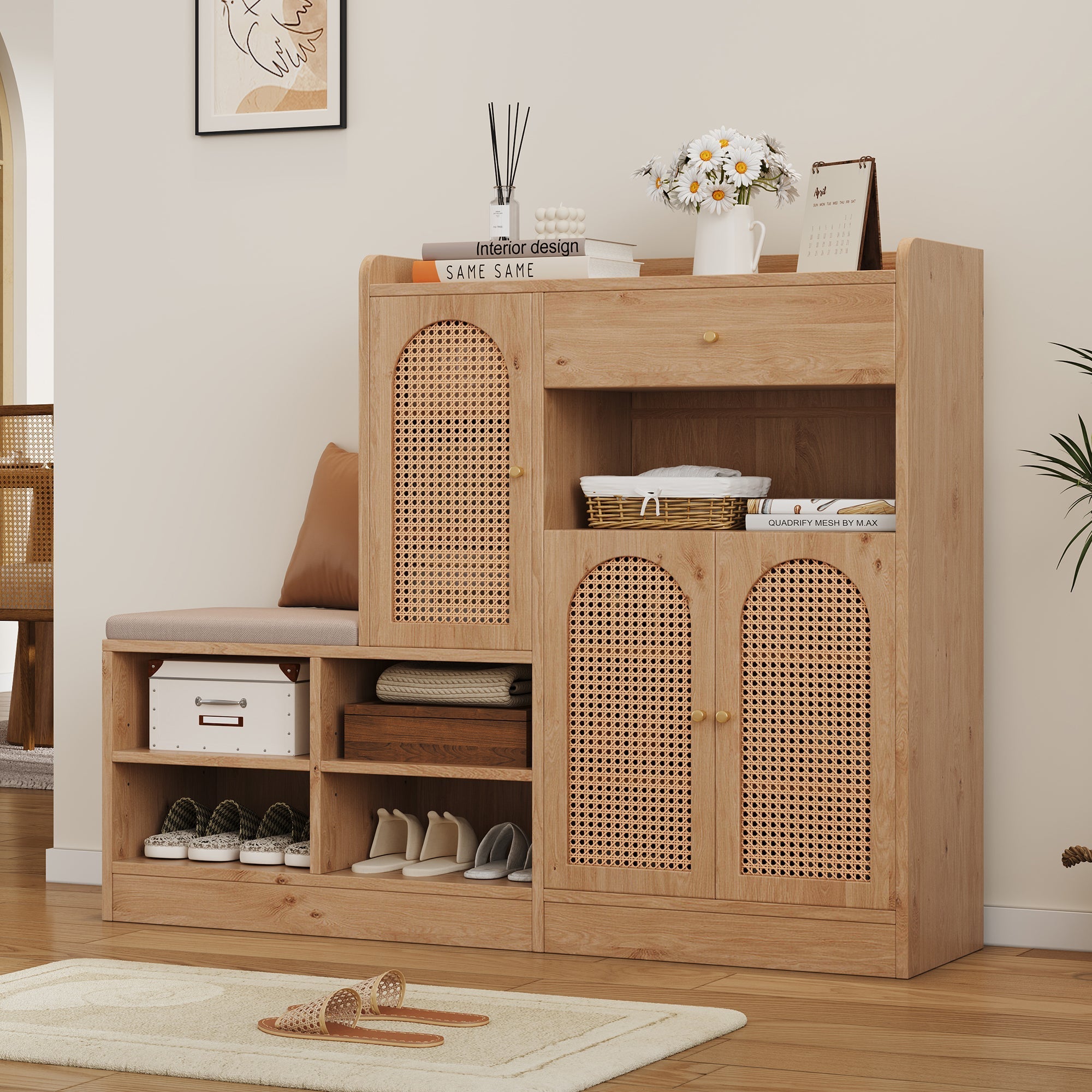 Shoe Cabinet with Upholstered Bench, 3 Rattan Doors and 1 Drawer, Wood Look