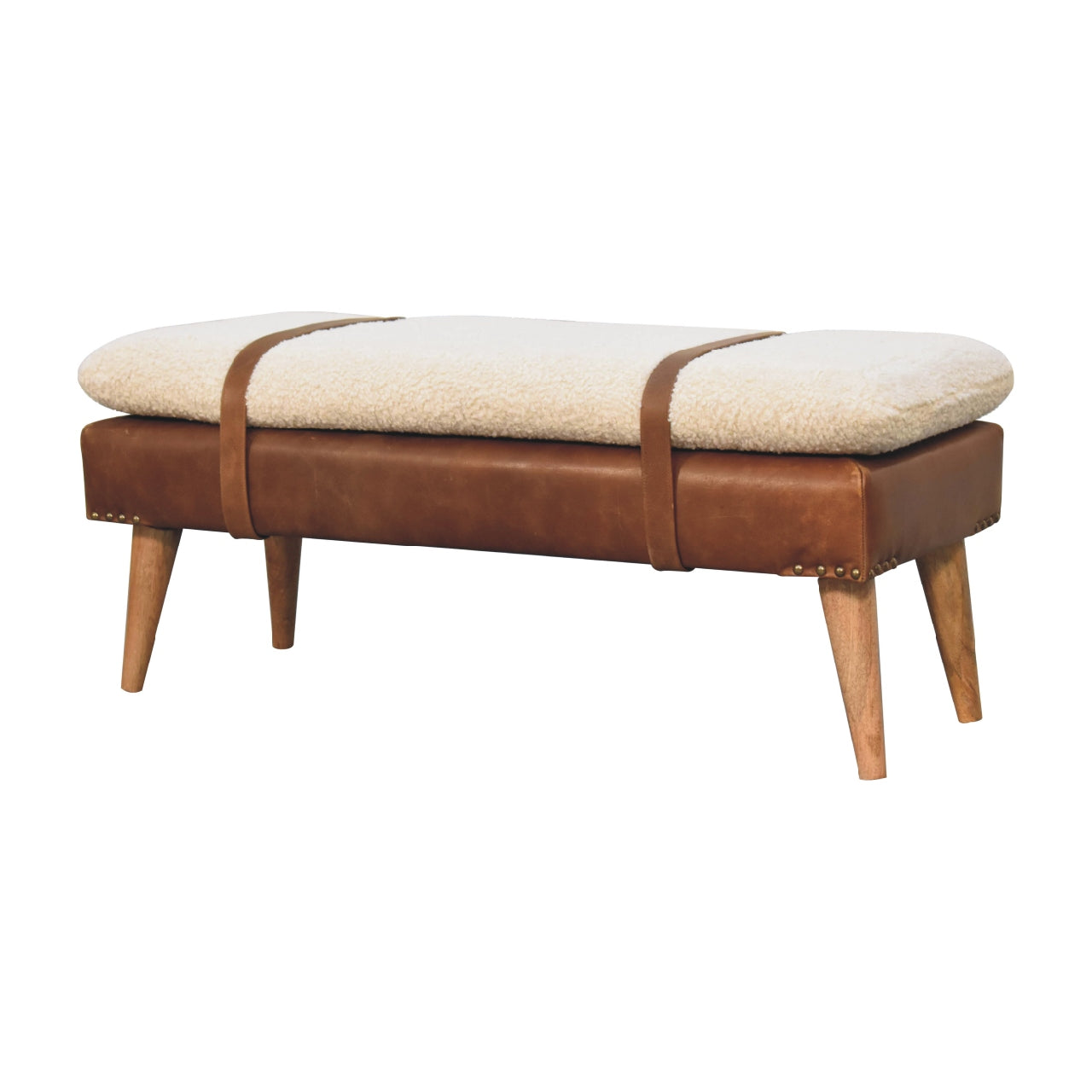 Solid Wood Bench, Upholstered Bouclé Buffalo Hide Leather, Beige