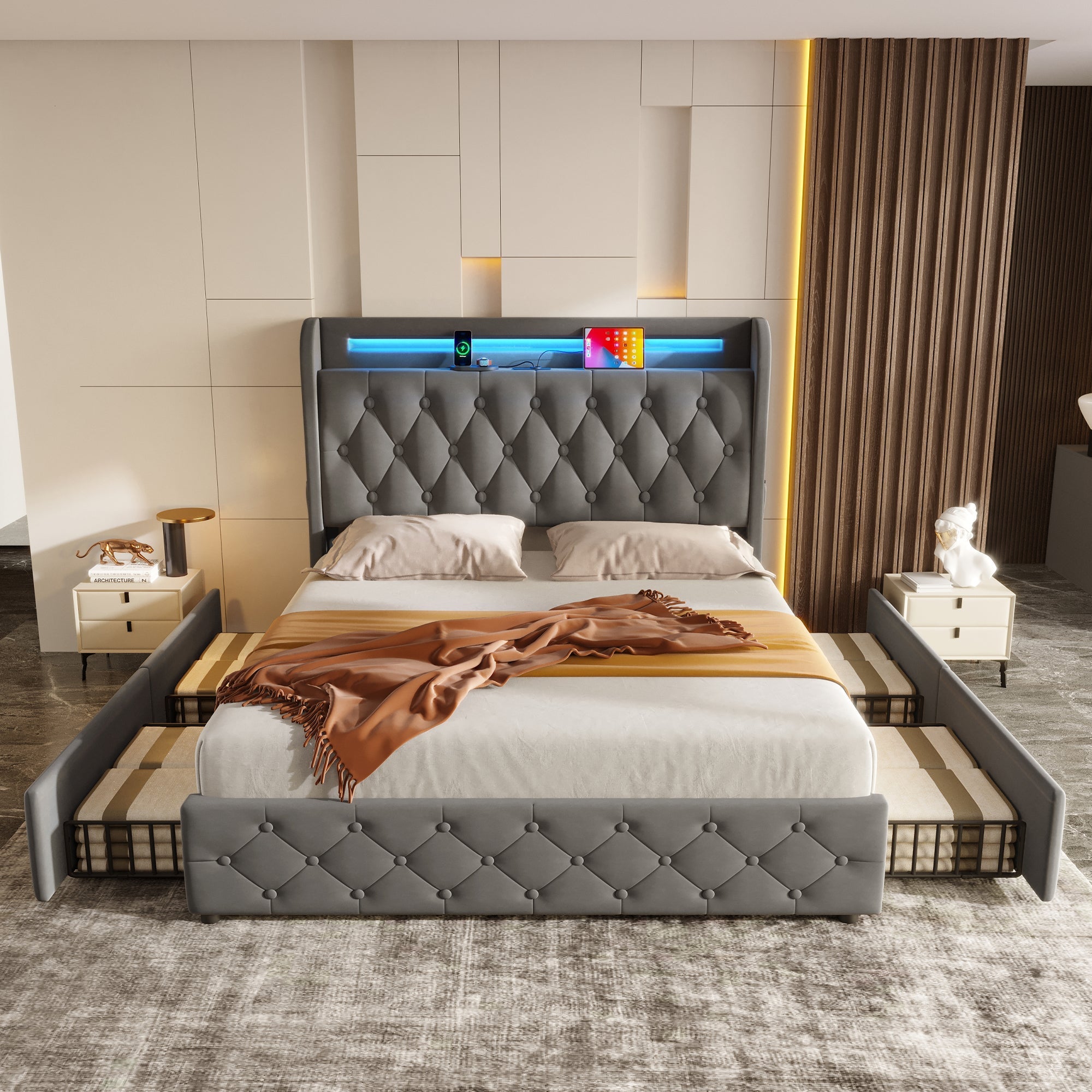 Upholstered Bed 140x190cm LED USB Storage Headboard 4 Drawers - Velvet