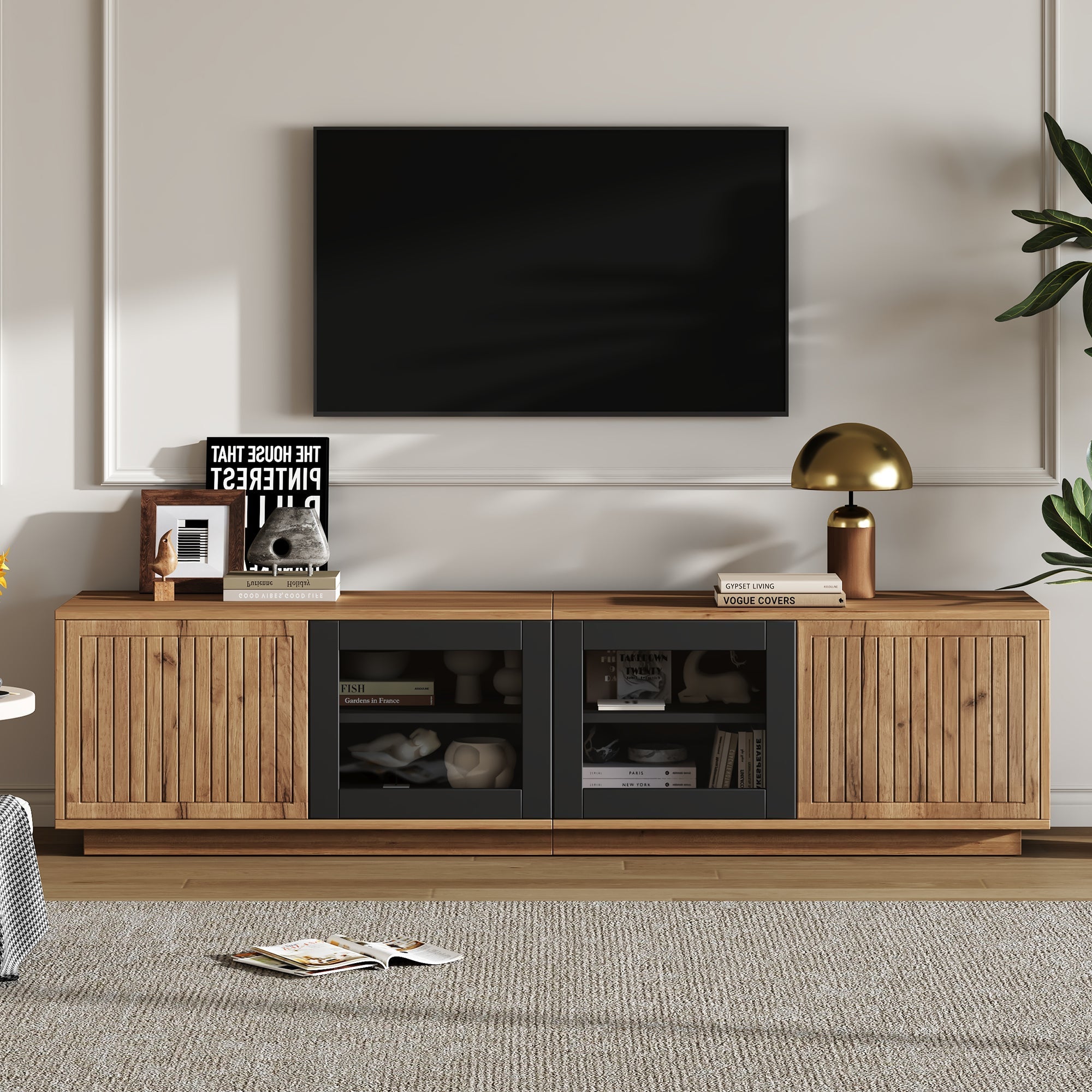 TV Cabinet 180cm for 75 Inch TV, LED Light Strip, Natural Wood & Black Glass