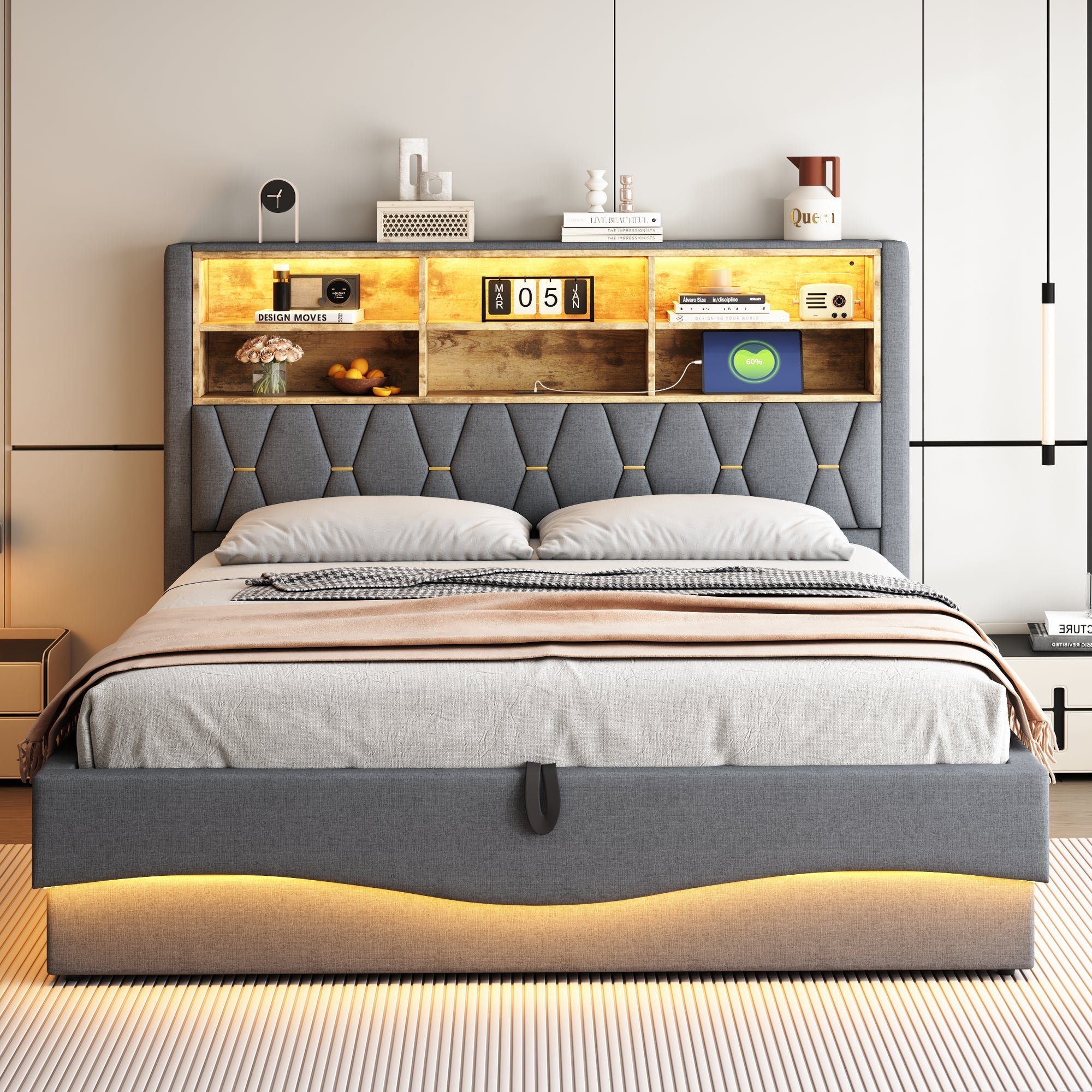 Upholstered Bed 180x200 Hydraulic Storage LED/USB Slatted Frame Linen Grey