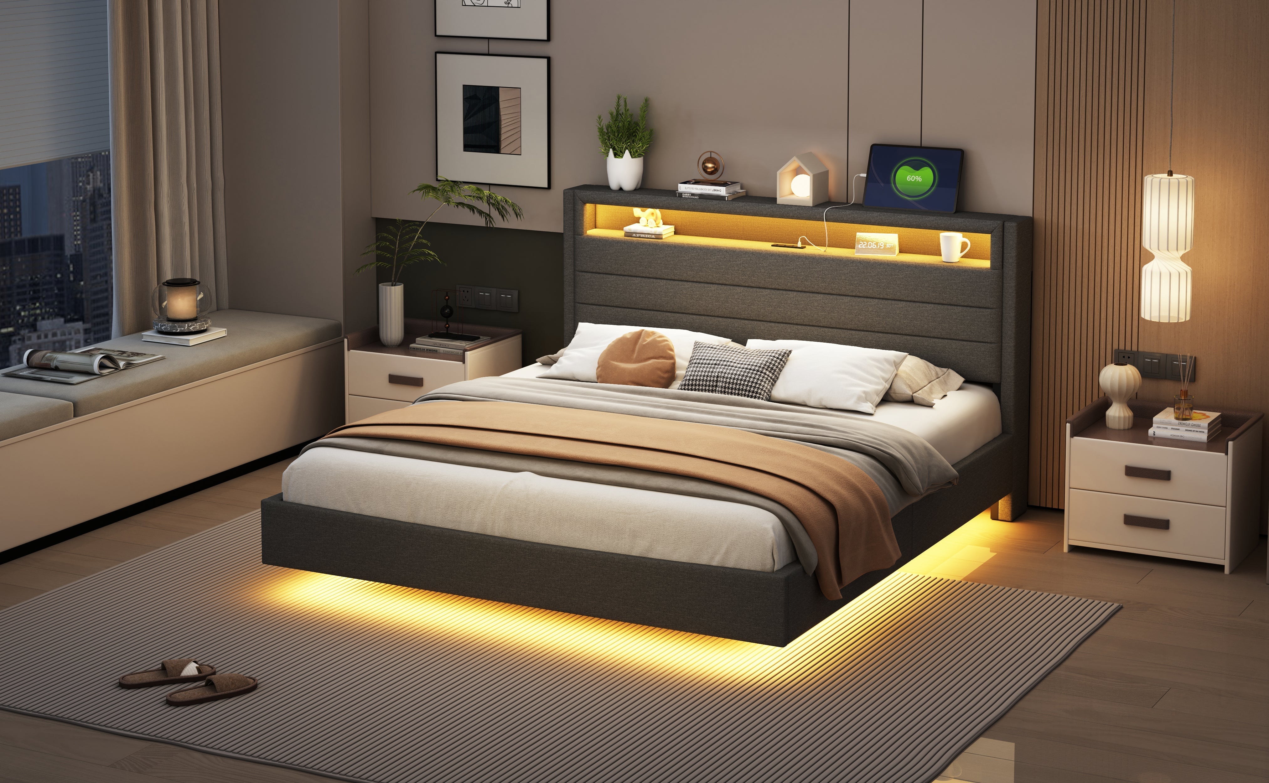Upholstered Bed, 160x200 cm with USB & LED, Reversible Headboard, Grey Linen