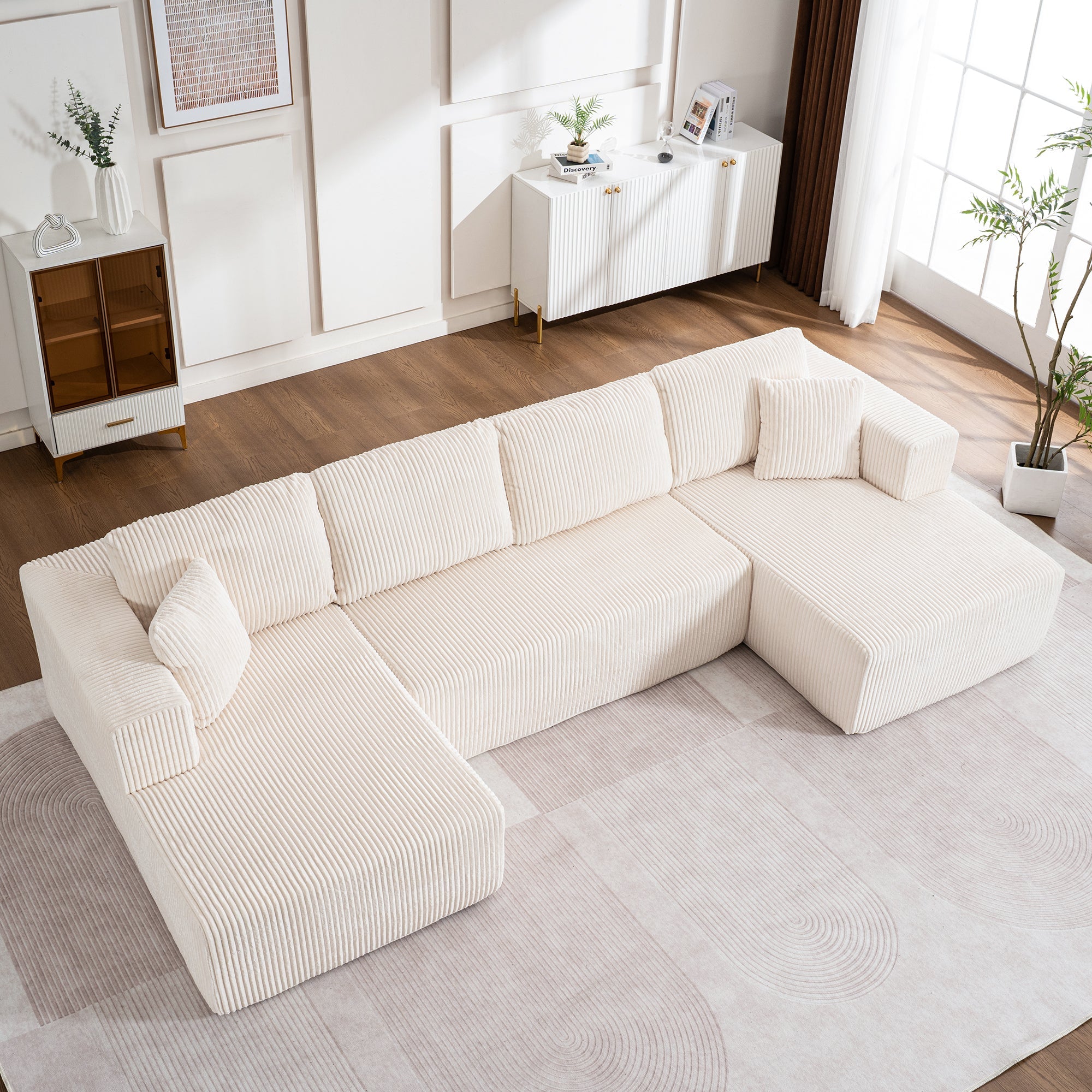 Modern U-Type Leisure Sofa with Modular Non-Assemble Design and Lounge Chairs, Lamp Fabric