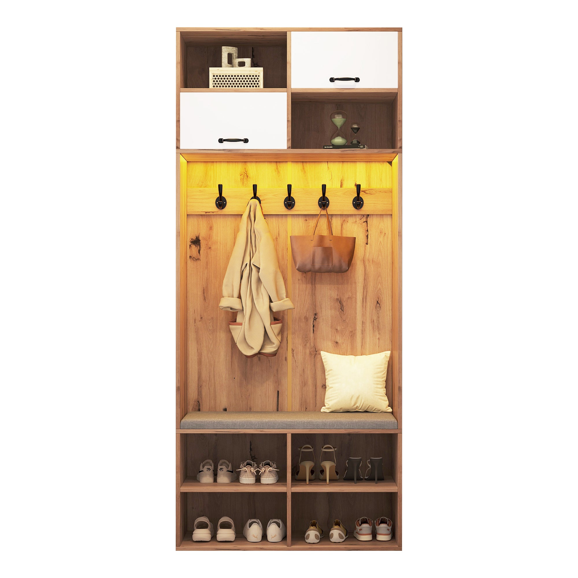 Wardrobe Set Hallway Bench 5 Hooks 2 Doors 6 Storage 80x185x35cm, Natural Wood/White