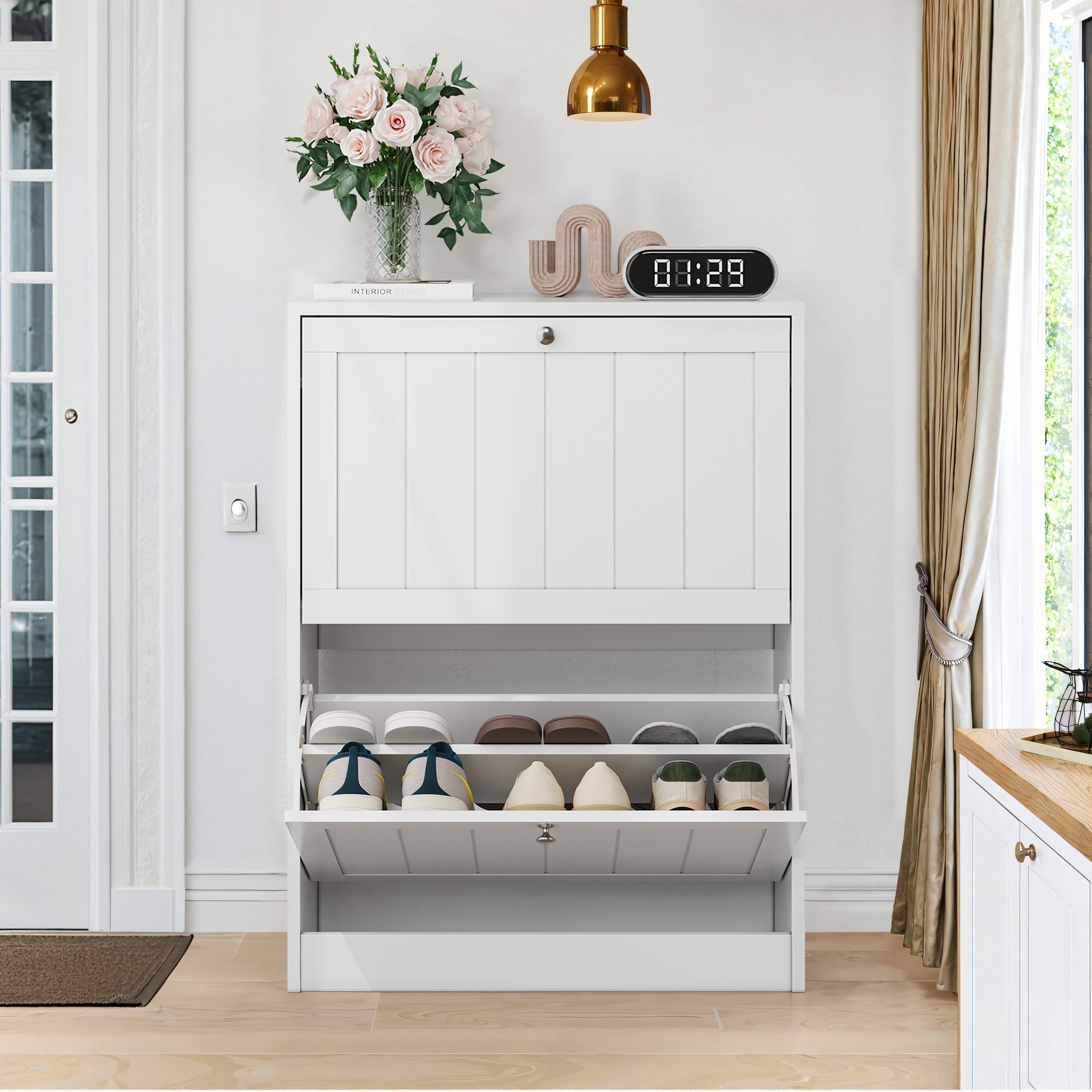 Shoe Cabinet 60cm Mid-Century Modern Freestanding 2 Drop-Down Drawers - White