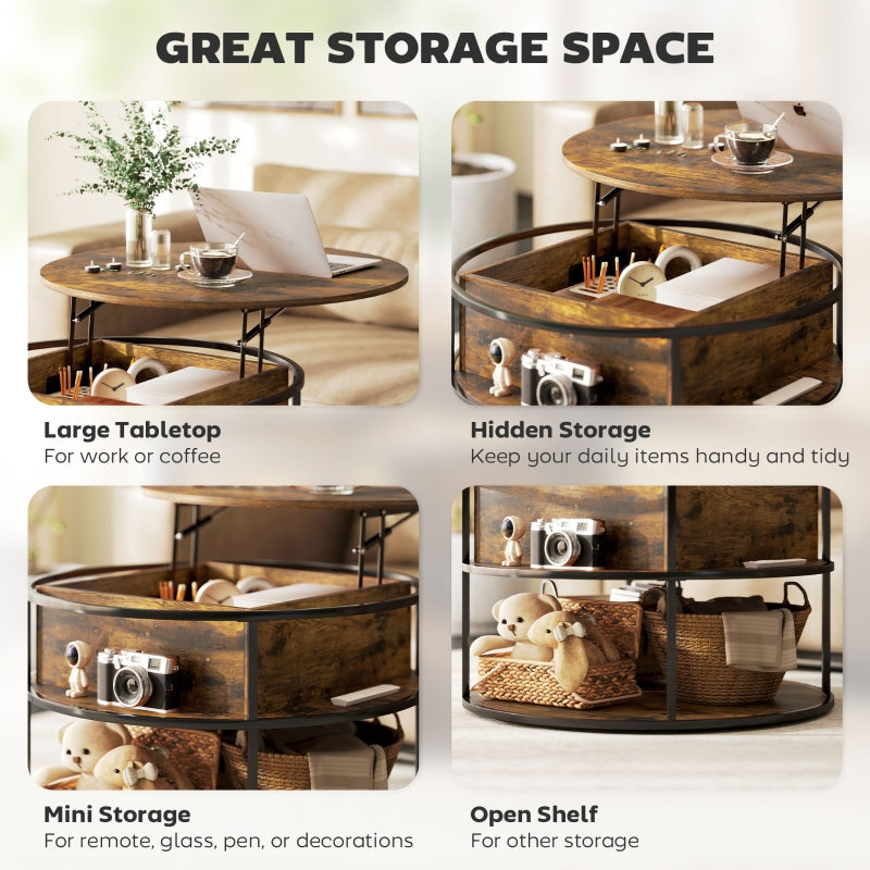 Lift Top Coffee Table, Round Storage Shelf Steel Frame, Brown