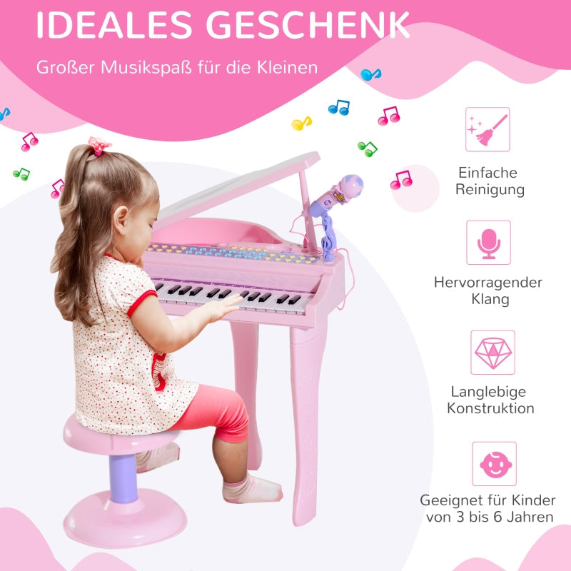 Children's Keyboard with 37 Keys, Microphone, LED Learning Mode, Recording Function, Pink