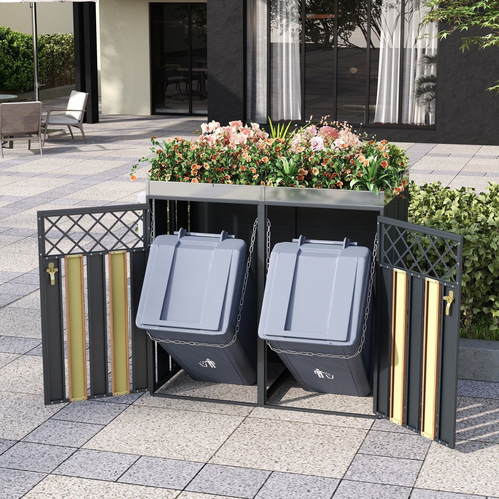 Garbage Can Enclosure with Diamond Ventilation and Planting Area, Lockable 2-Door, Steel