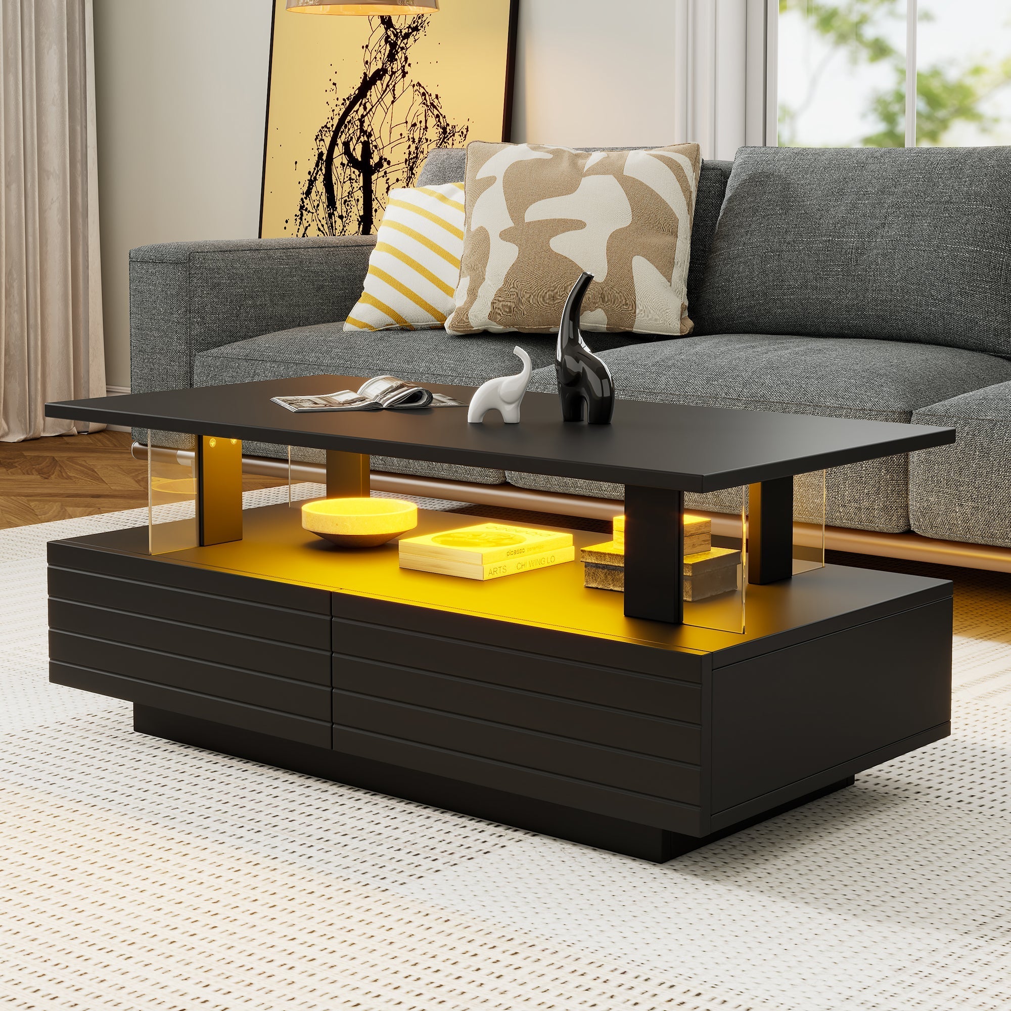 LED Coffee Table Double-Layer Rectangular Storage Bluetooth App Control, Black Acrylic