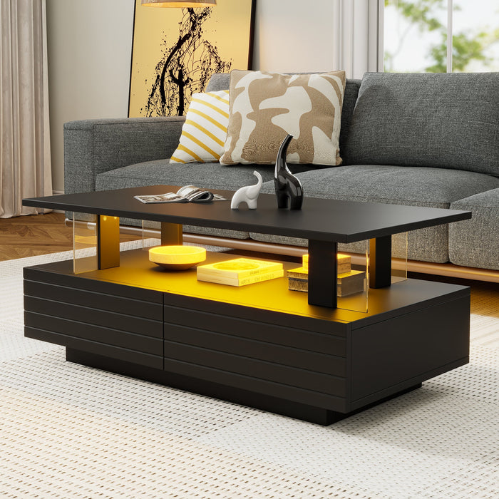 LED Coffee Table Double-Layer Rectangular Storage Bluetooth App Control, Black Acrylic